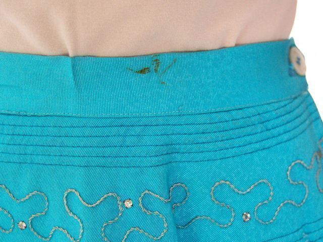 Authentic VTG Rayon Faille Skirt Turquoise S Dropped Waist Rhinestones