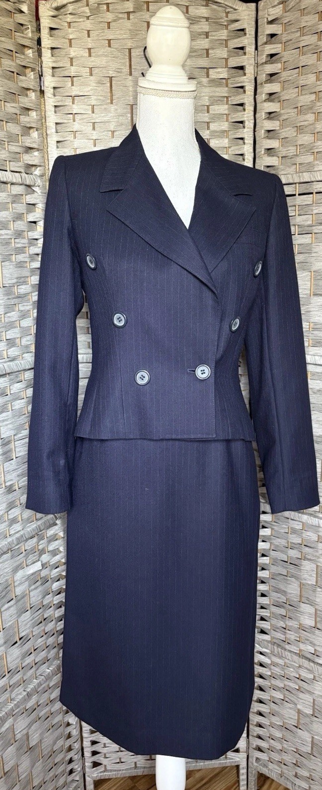 Vintage 1980s Cassidy Navy Pinstripe Mod Secretary Midi Skirt Suit Set Wool SZ 6