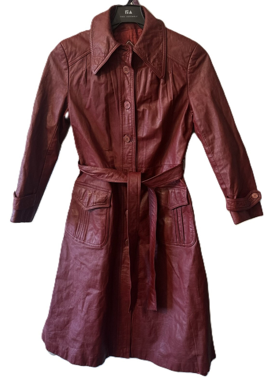 RARE VTG 70 100% Genuine Leather Satin Lined Jacket Trenchcoat Belted Burgundy
