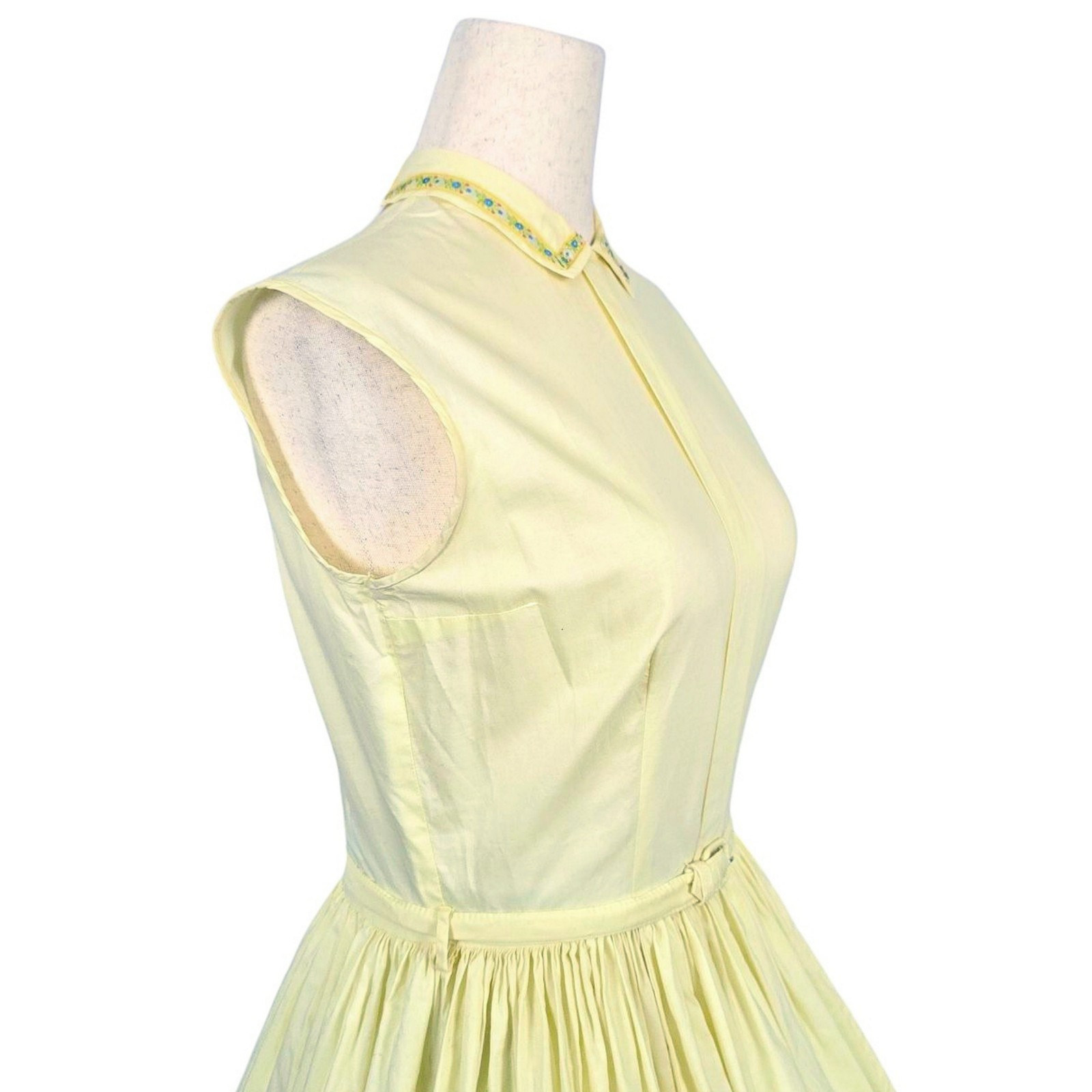 1950s Vintage Dress Belt Set 50s Summer Fit N Flare Cotton Yellow Embroidered XS