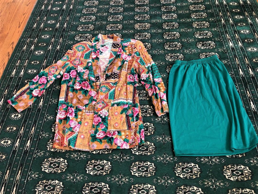 Vintage UNITS Outfit Jade Green Knit Skirt & Printed Rayon Blazer OSFM Ltd Ed EC