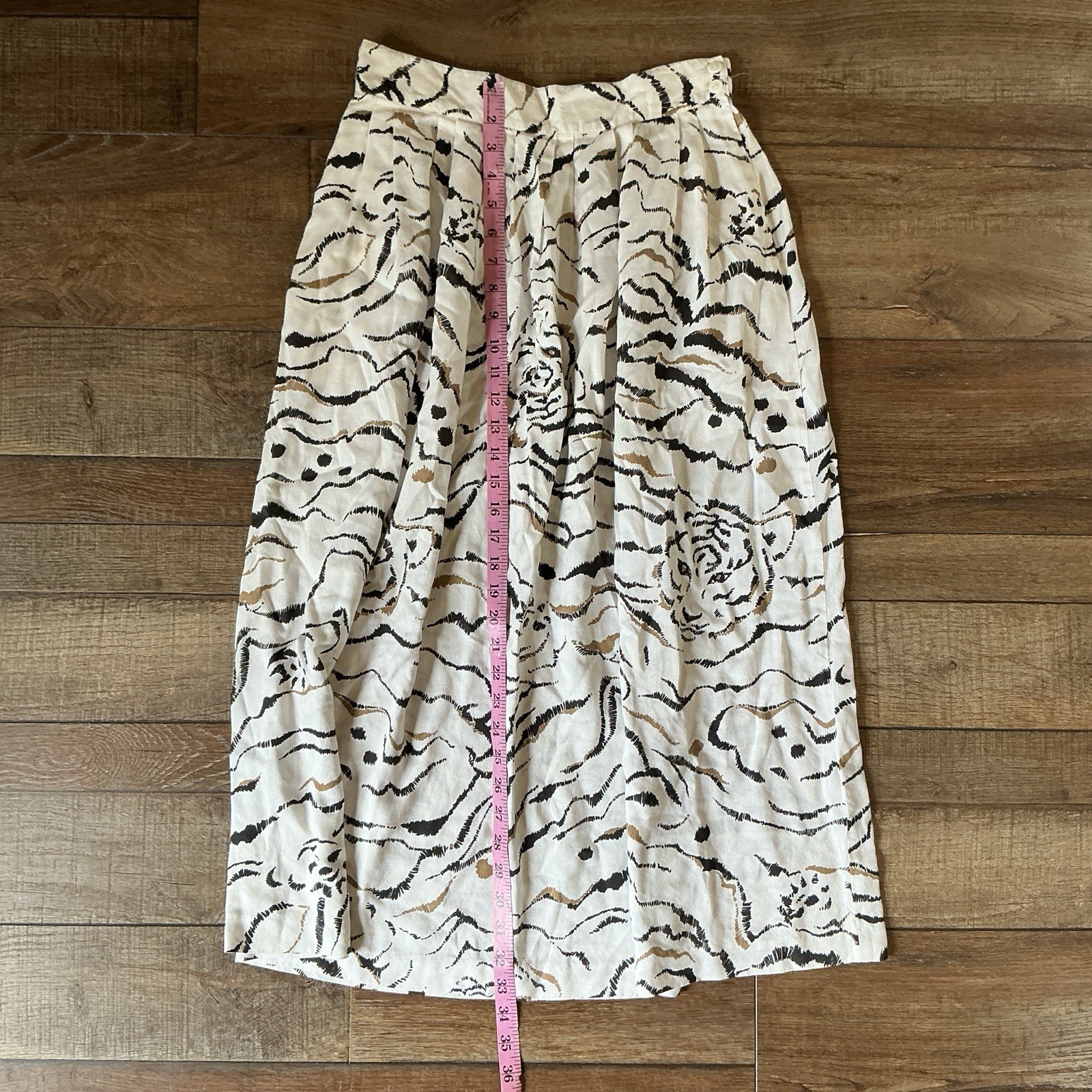 80s VTG Rafaella Tiger Print Midi Skirt 100% Rayon Size 12 Cream Pleated #3E7