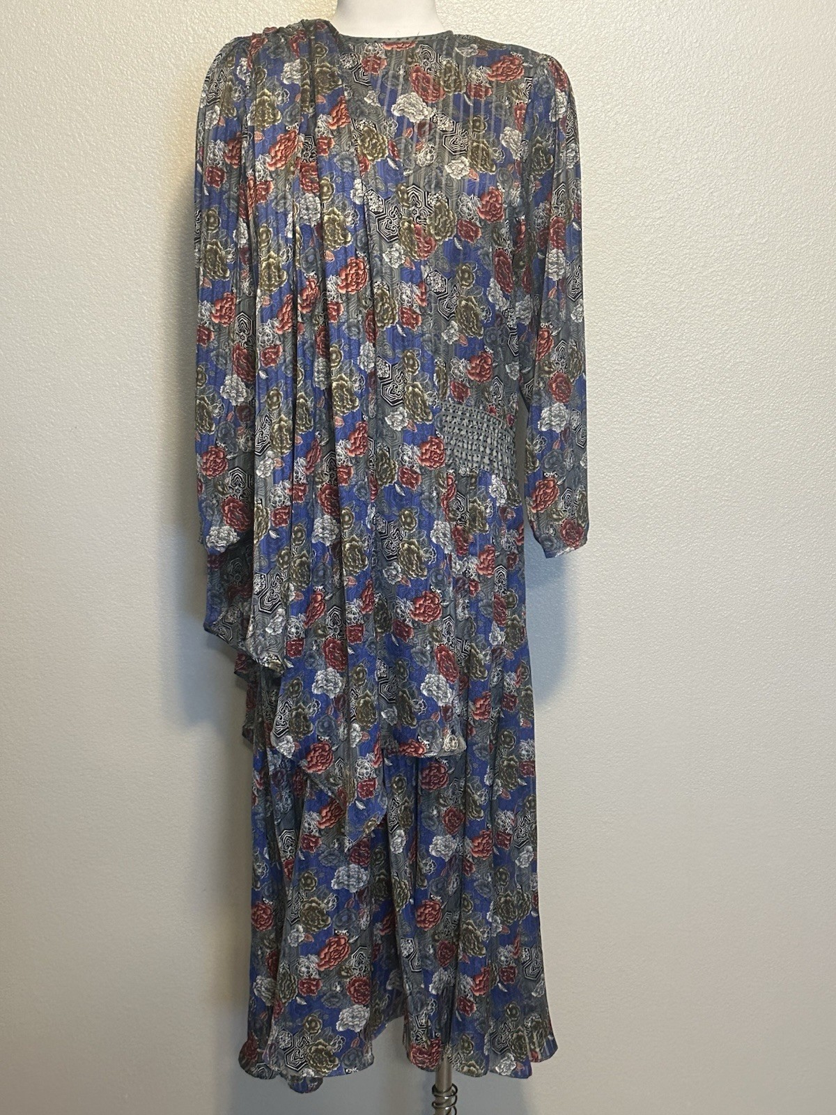 Diane Freis Original Vintage Floral Smocked Godet Georgette Dress w/Scarf Sz L