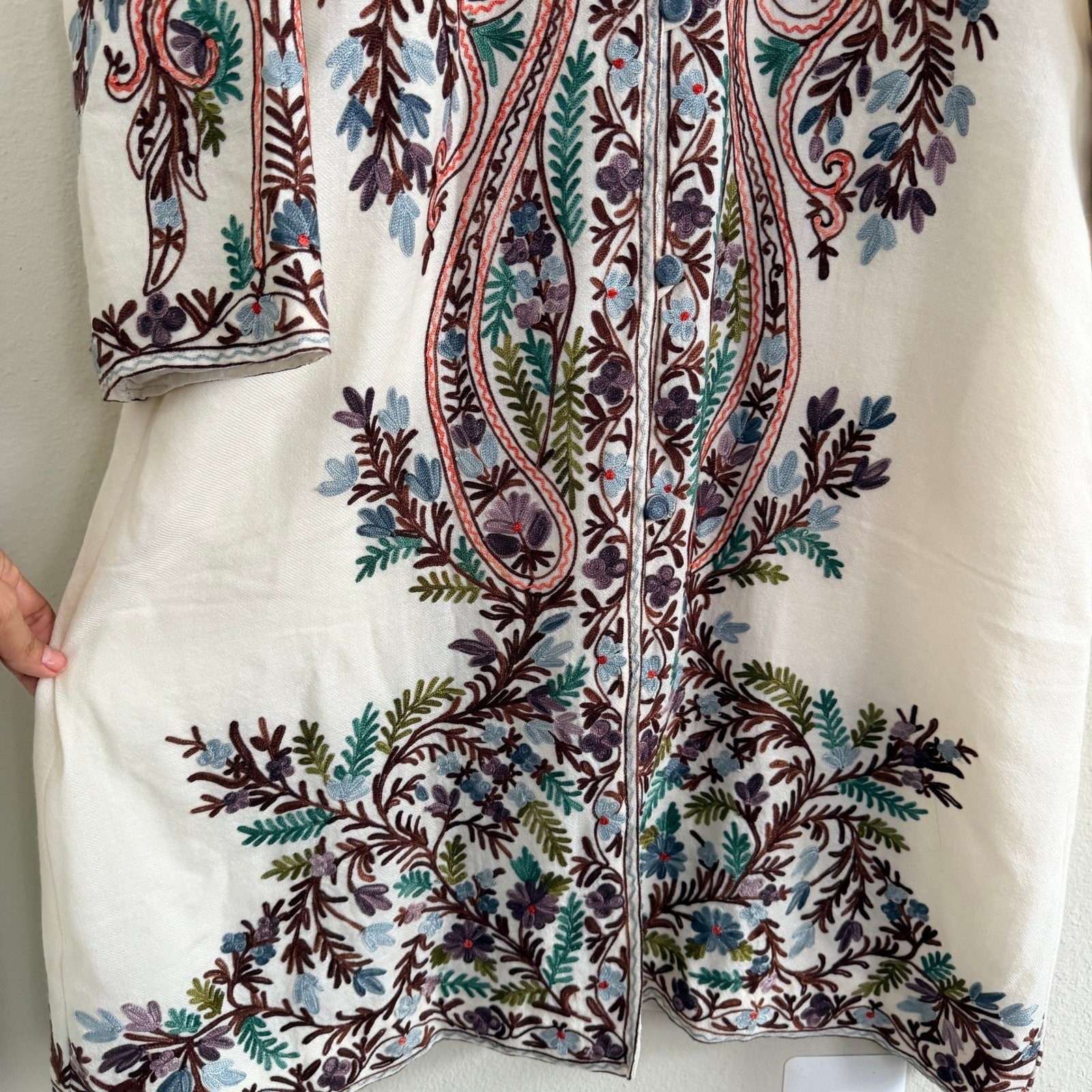 Woolen Coat Long Jacket Off-White, Multicolor Embroidery Size 46 (14, XL) Boho