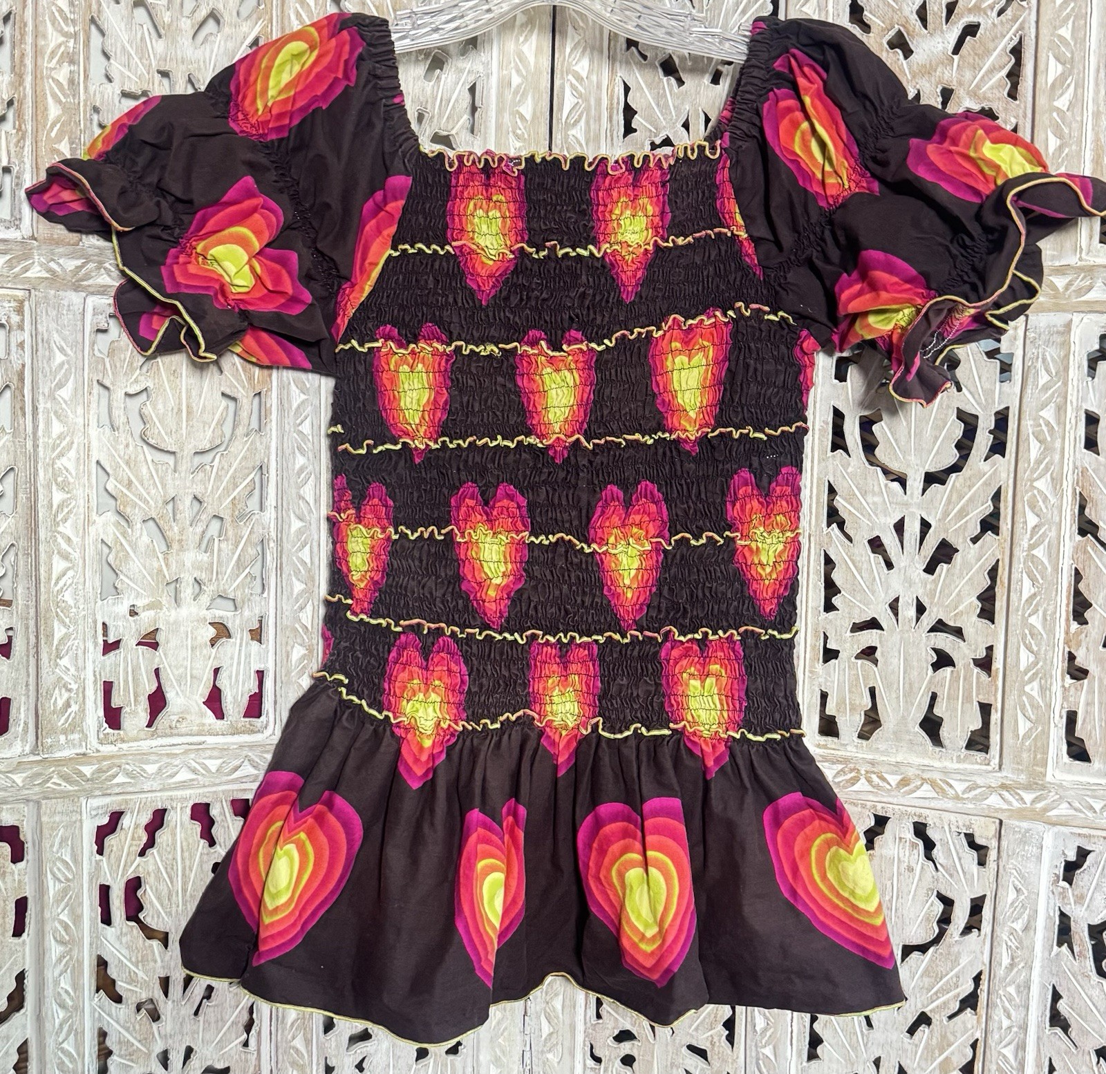 Vintage Made In France Smocked Bodice On Off Shoulder Vibrant Heart Blouse