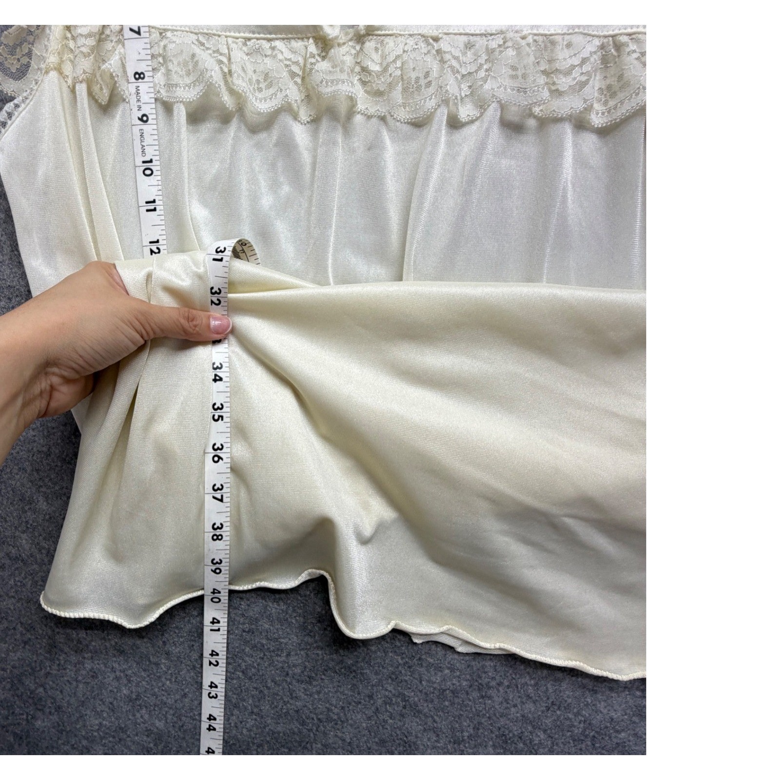 Vintage Alberti Cream Nylon Nightgown Blue Floral Embroidery Lace Trim Midi L