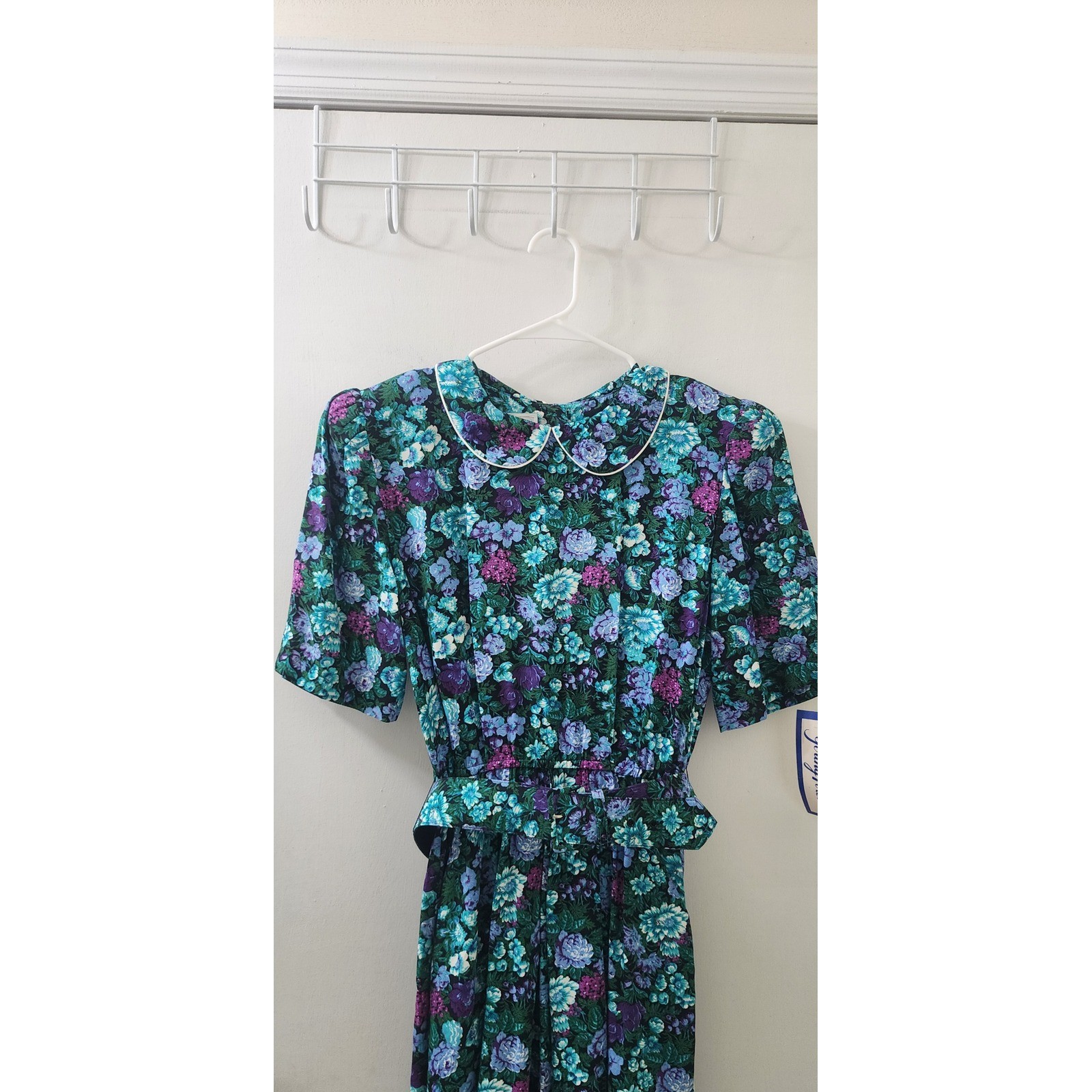 Michelle Stuart Vintage Floral Midi Dress Teal Purple Rayon Belted Size 8 USA
