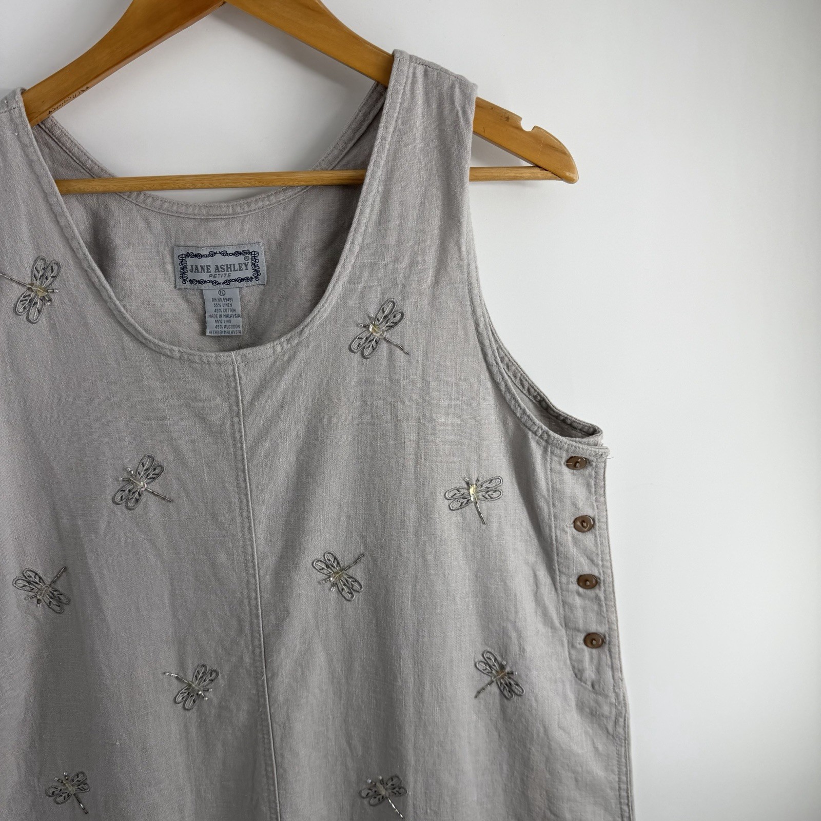 Vintage Jane Ashley Embroidered Sequin Dragonflies Embellishment Linen Dress
