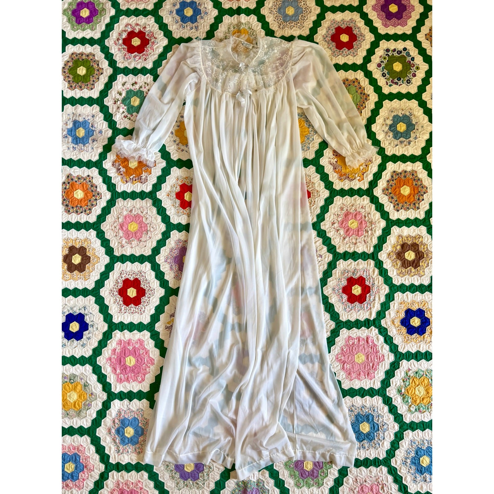 Vintage 1960s White Nylon Peignoir Robe Lady Lenora Tulle Trim Bridal