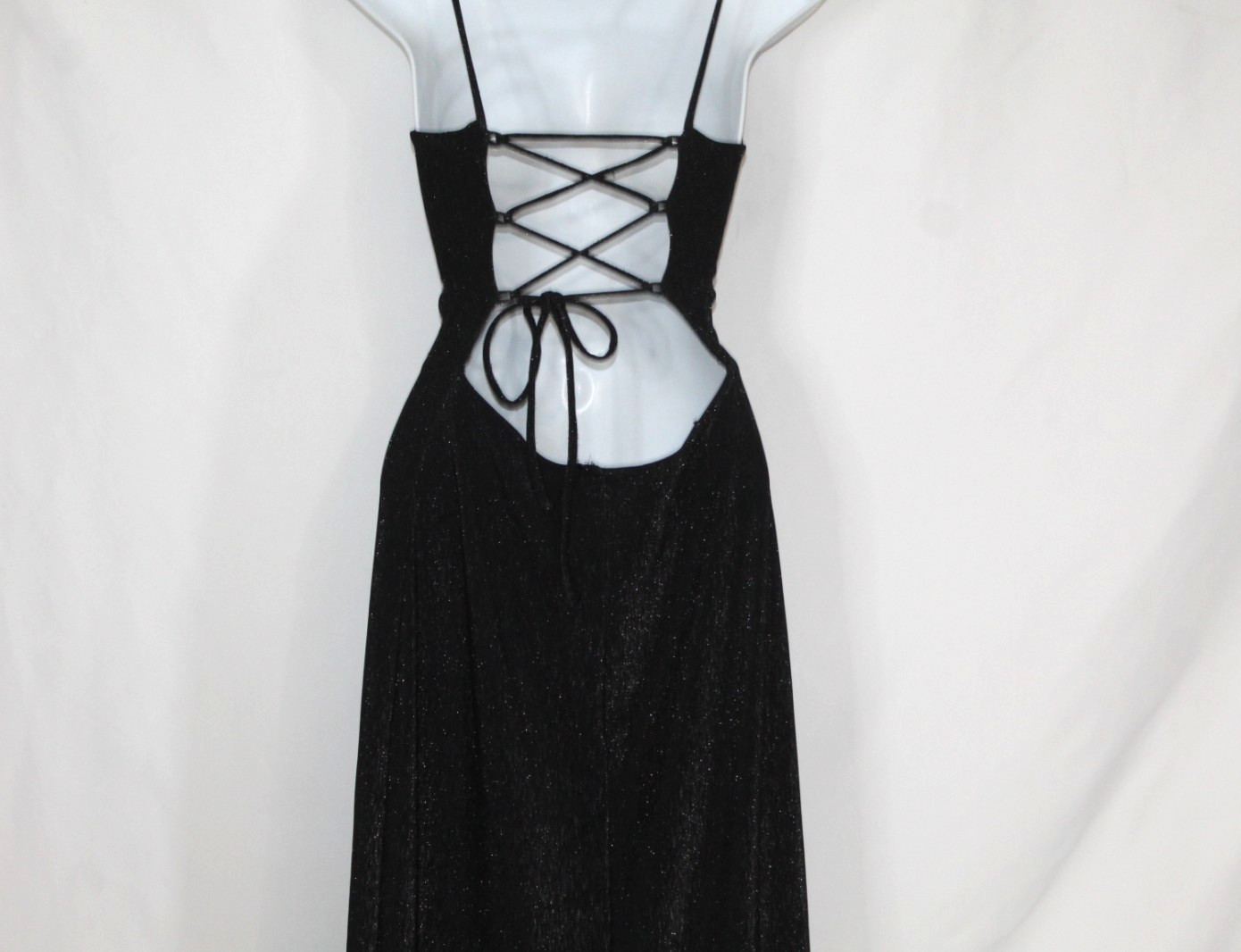 Vintage 90s column dress black metallic long lace up open back leg slit formal