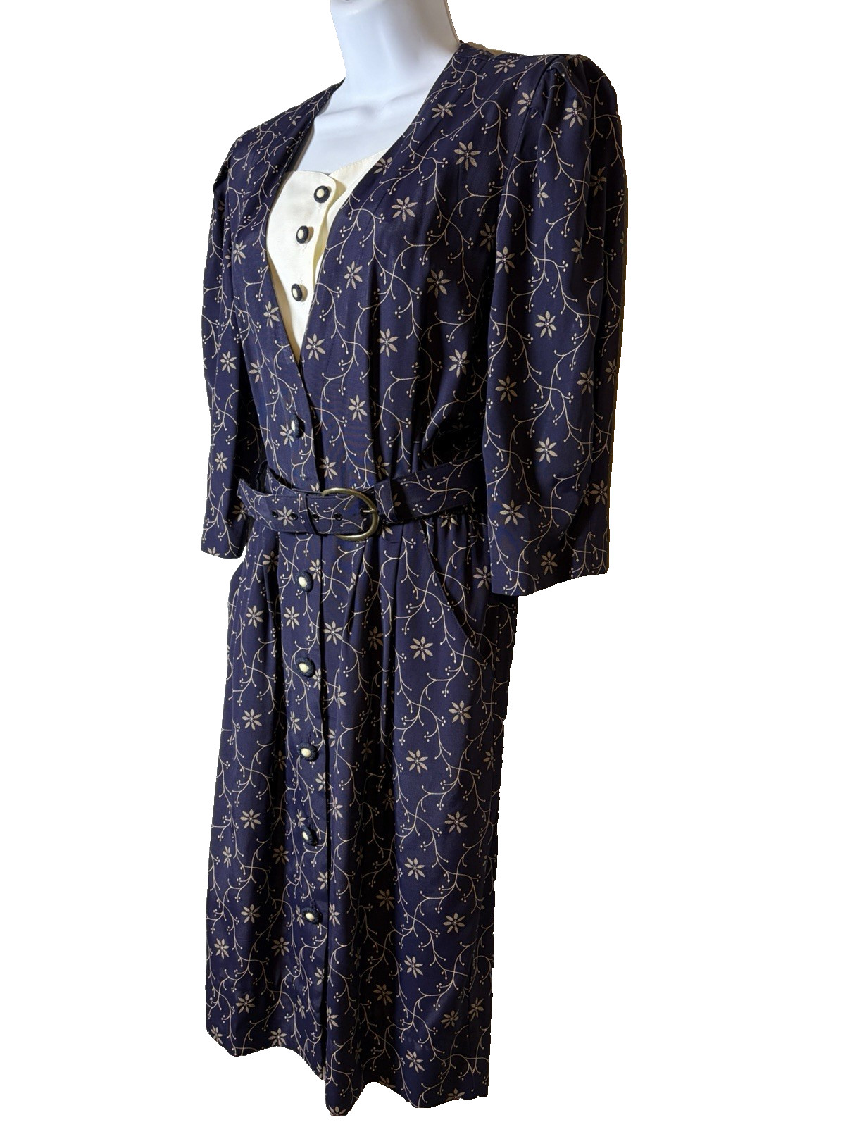 Vtg 80s Does 40s Peri Petites Navy Shirt Dress~8P~Belt 3/4 Puff Slvs Secretary