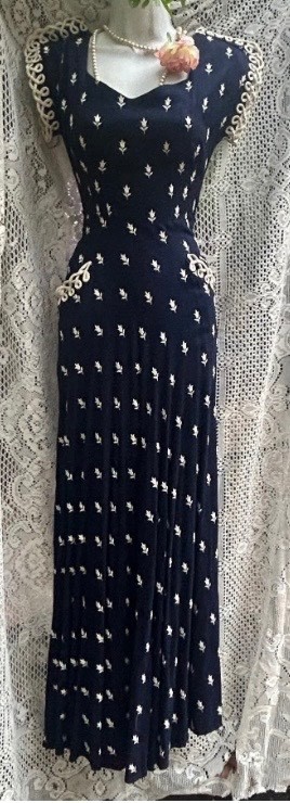 1930s Navy Blue Linen Floral Maxi Dress, Jane Engel New York Summer Frock
