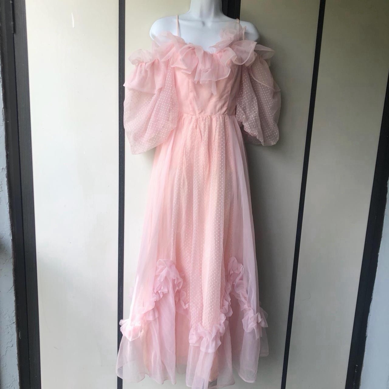 Vintage 1970s Pink Swiss Dot Southern Belle Wedding prairie Princess Dress