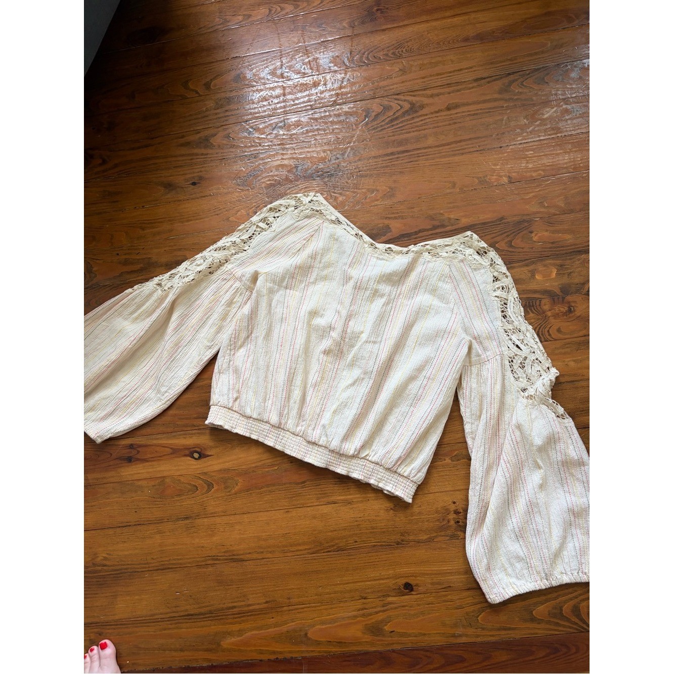 Free People Floating Memories Blouse Retro Crochet Lace Ivory size L Boho