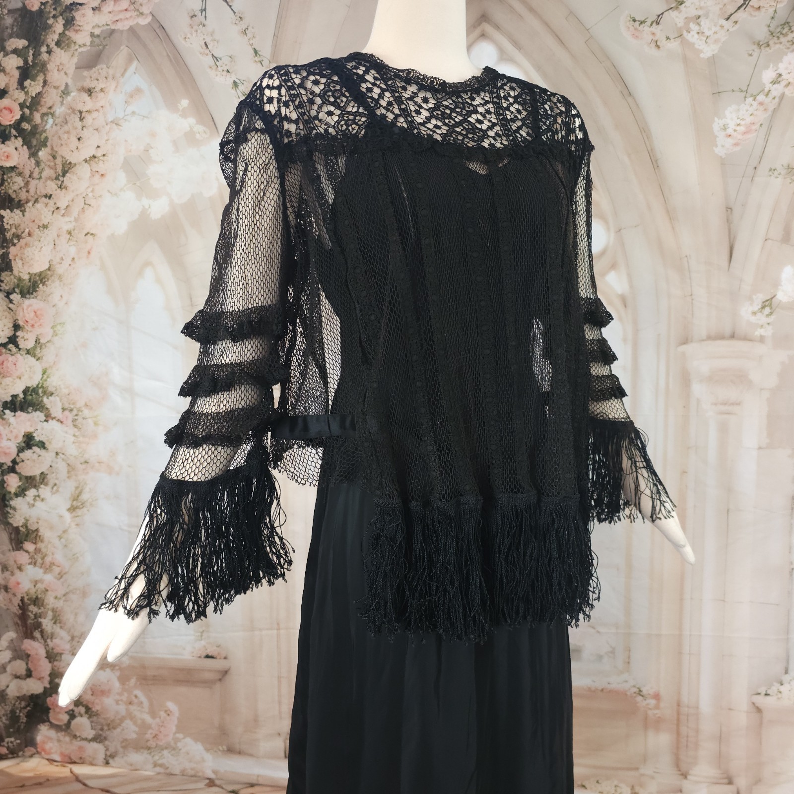 Black Crochet Lace Blouse Fringe Tassels Antique Victorian Edwardian Top Shirt