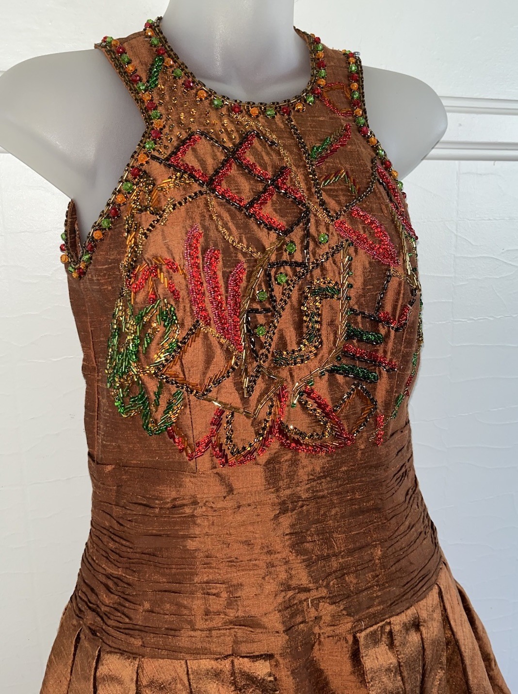 Stunning OOAK 1950s Raw Silk Hand Beaded Copper Bubble Evening Dress Tiered-Sz S