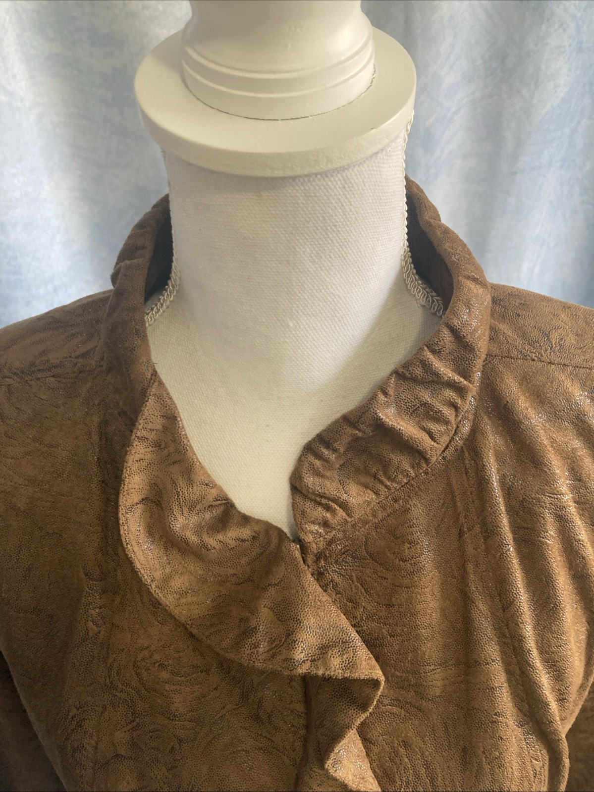 Elementz Brown Faux Suede Ruffle Front Jacket Size M EUC Vintage Y2K MFLJ0128
