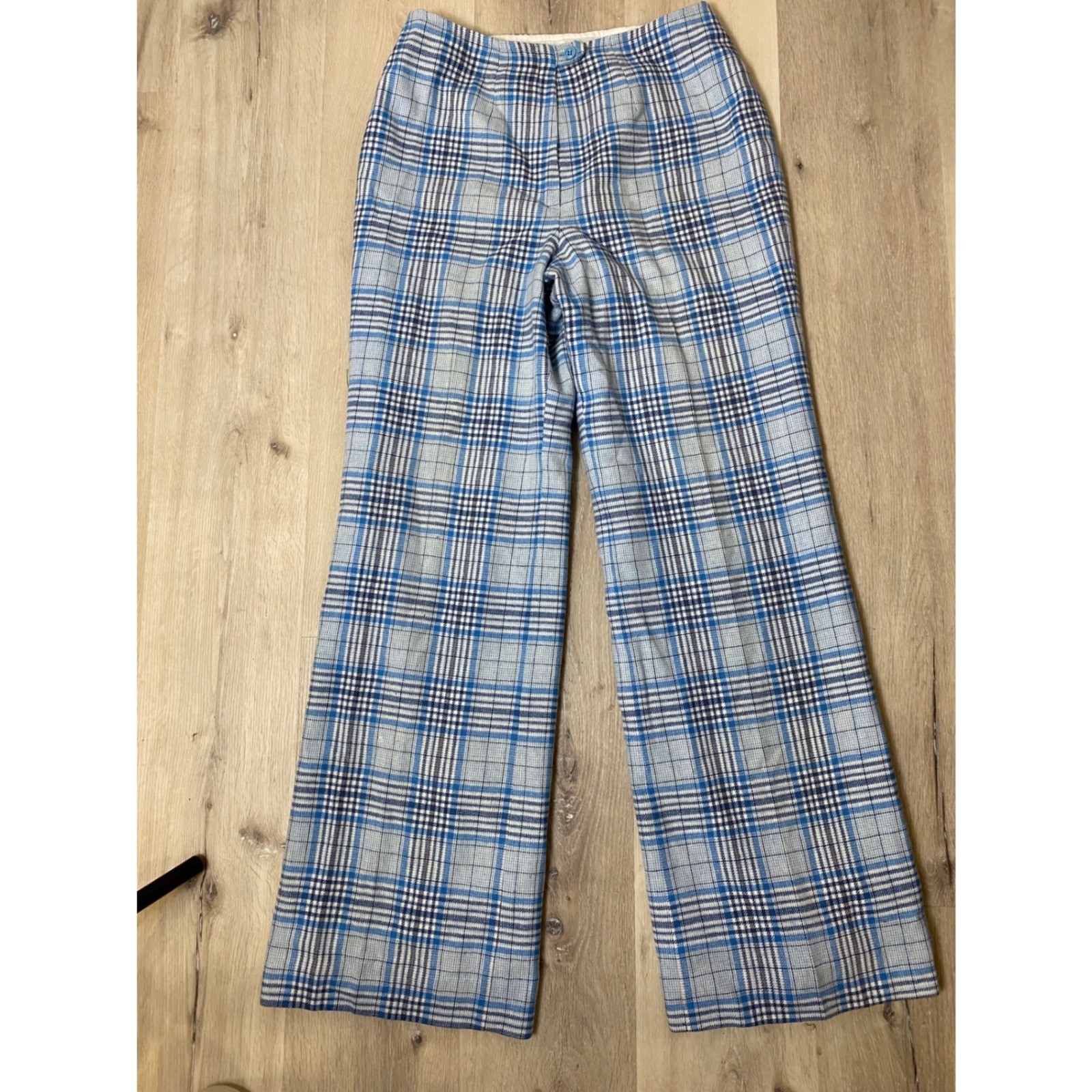 Vintage Young Pendleton 1960s Blue Plaid Wool Wide Leg Trousers Lined Pants M