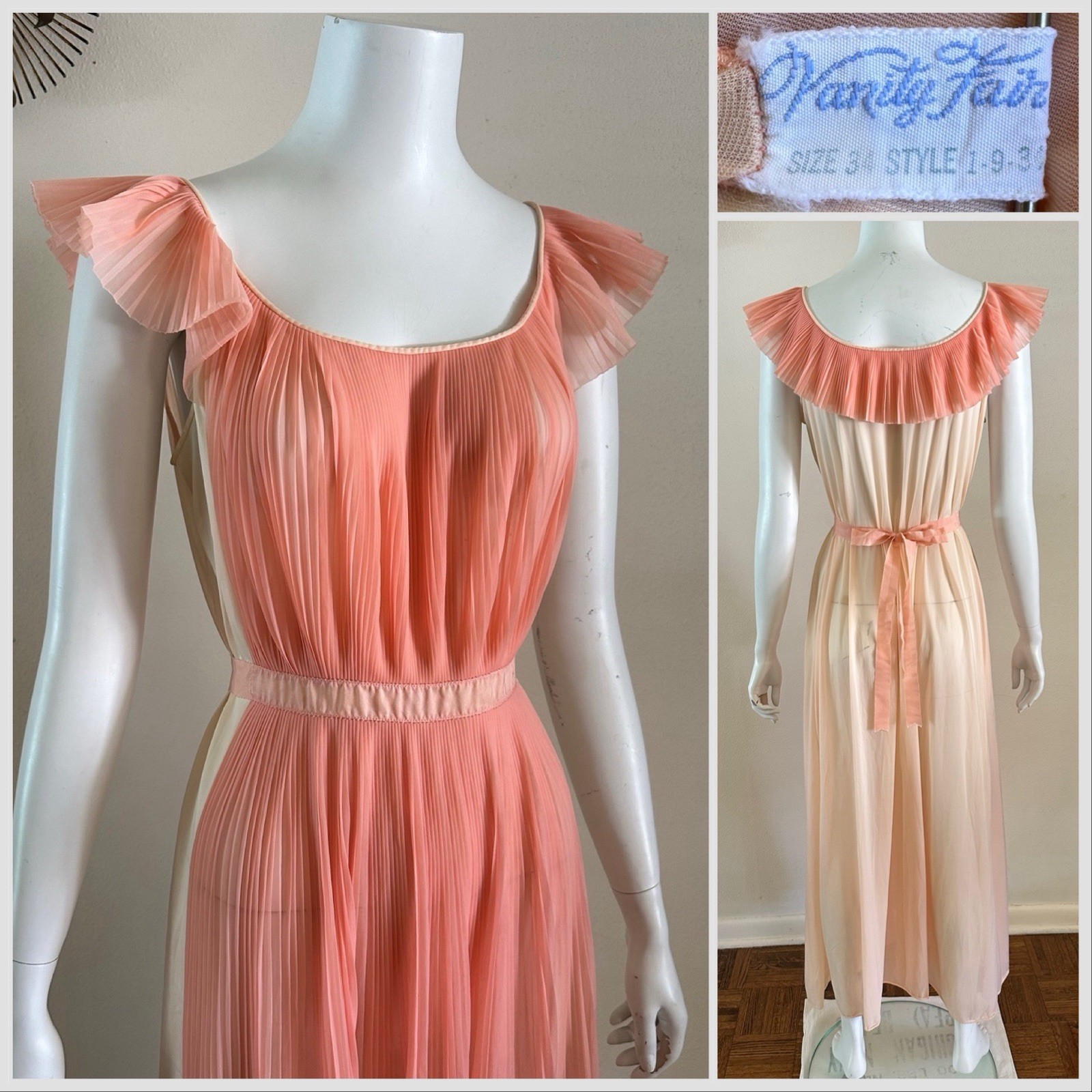 1950s Vanity Fair Pleated Nylon Tricot Peignoir Gown Pink Peach Tie Back Vintage