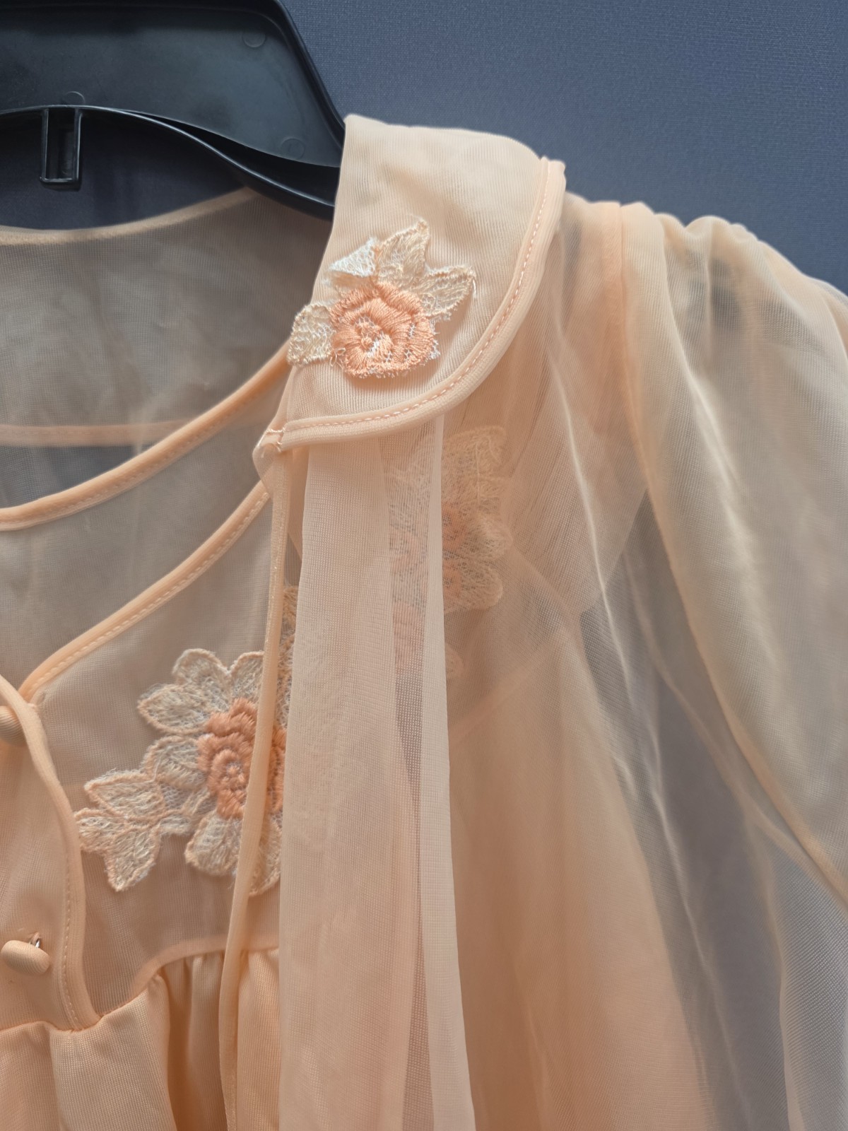 Vtg Babydoll Peignoir Set Peach Pandora Lingerie Robe Chiffon Sheer 100% Nylon