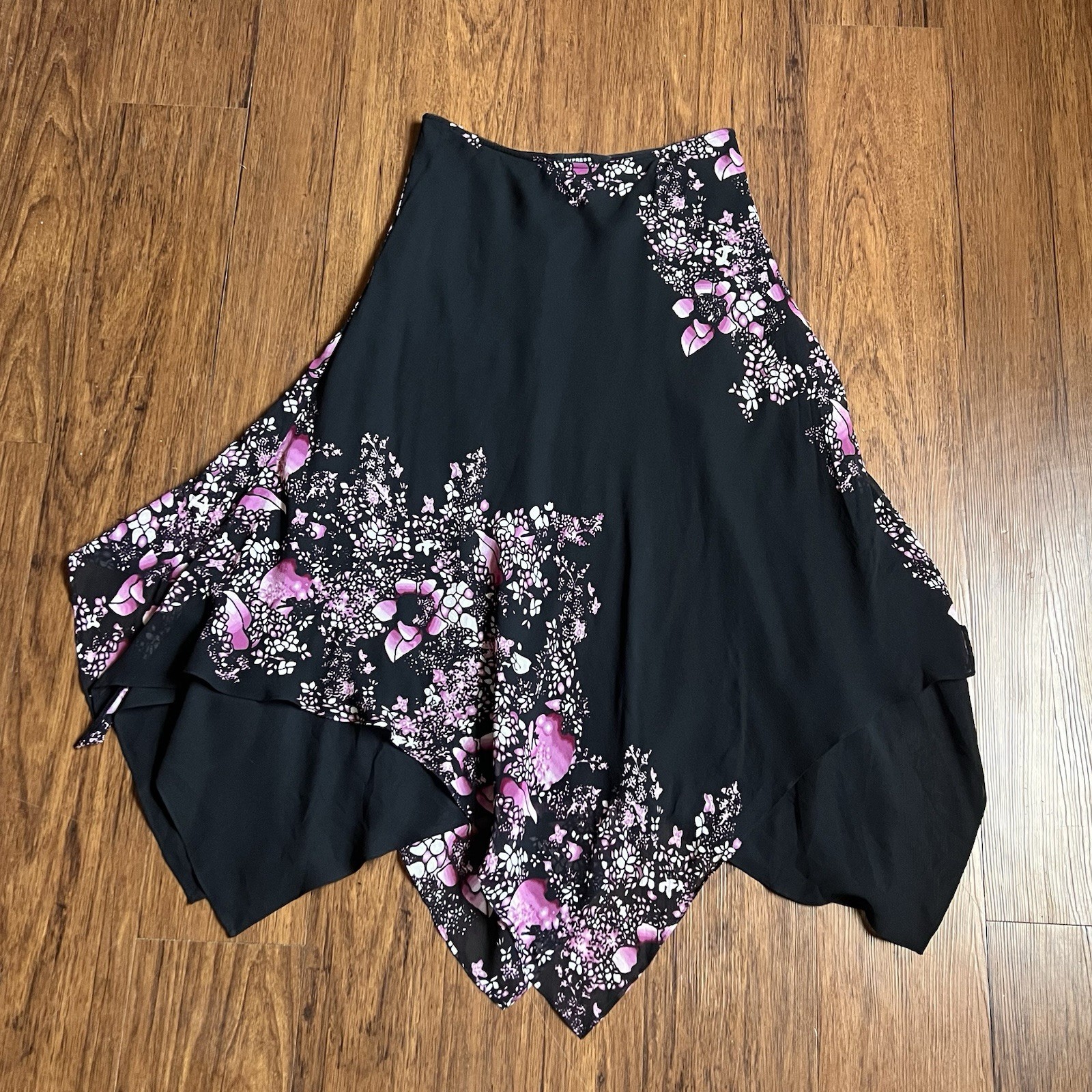 Vintage Y2K Express Silk Skirt Size 8 Black Pink Floral Handkerchief Fairycore