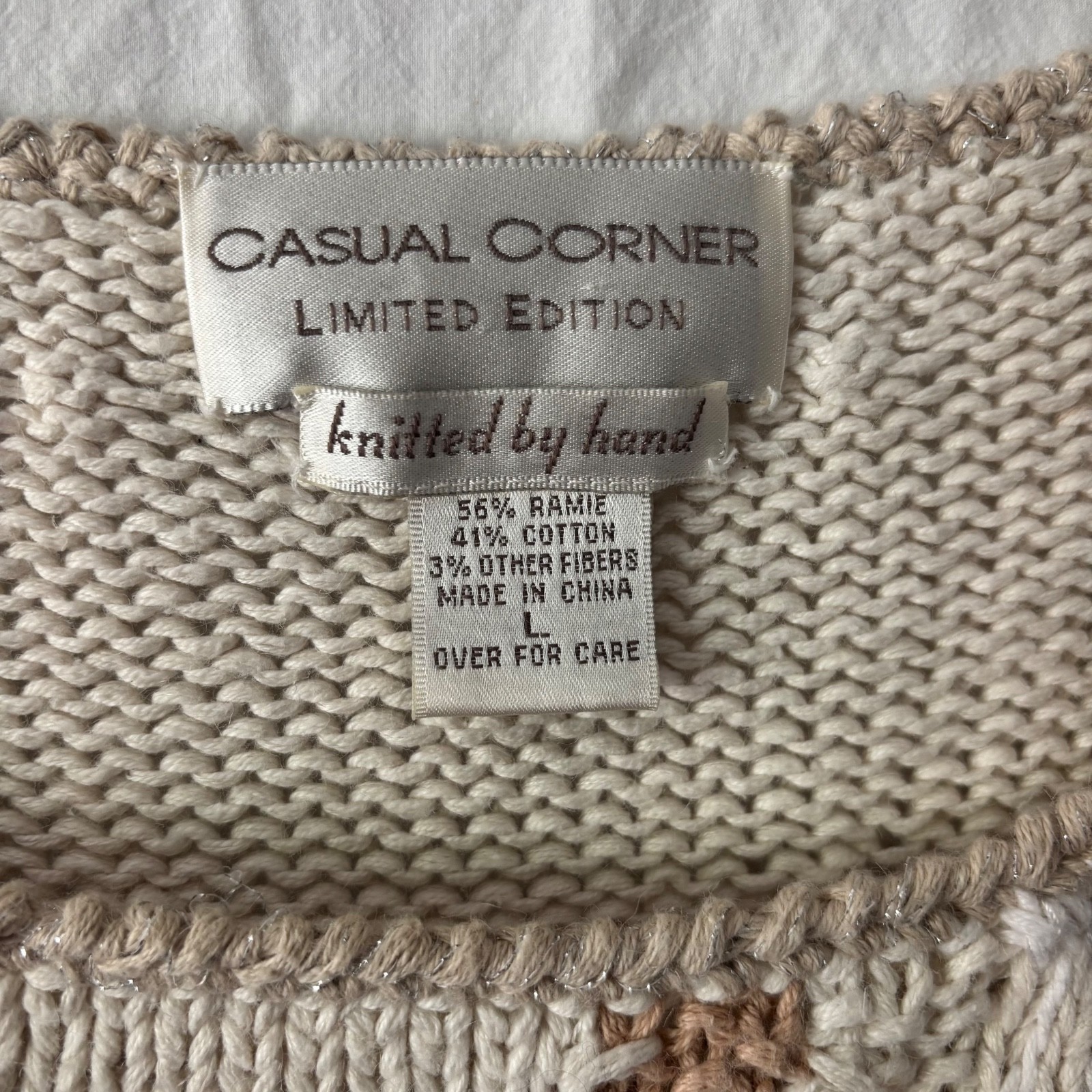 VTG Casual Corner Hand Knitted Sweater 90s Women&rsquo;s Sz Large Paisley Cream Tan