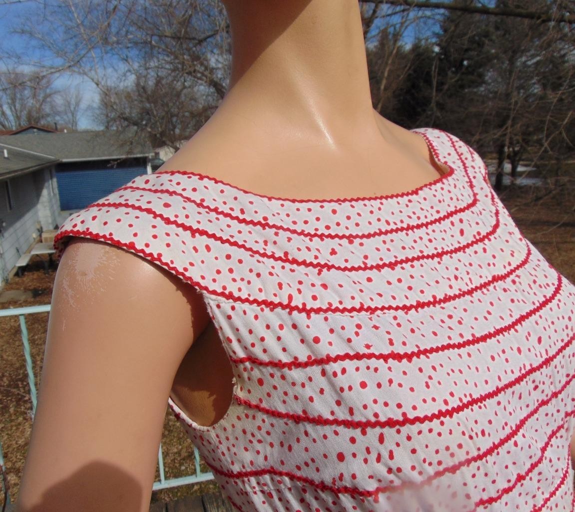 VTG 50s White w Red Polka Dots & Ric Rac Full Skirt Cotton Dress 24W