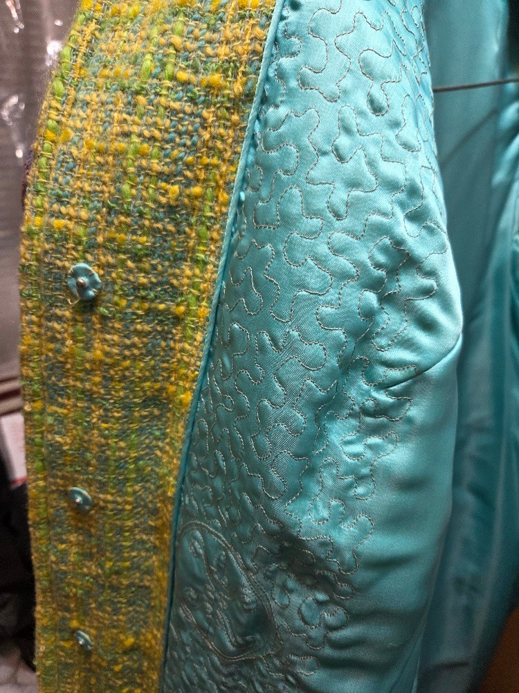 Vintage 1960s Herald Tang Raw Silk Coat Aqua Teal Gold Quilted Lining Costume