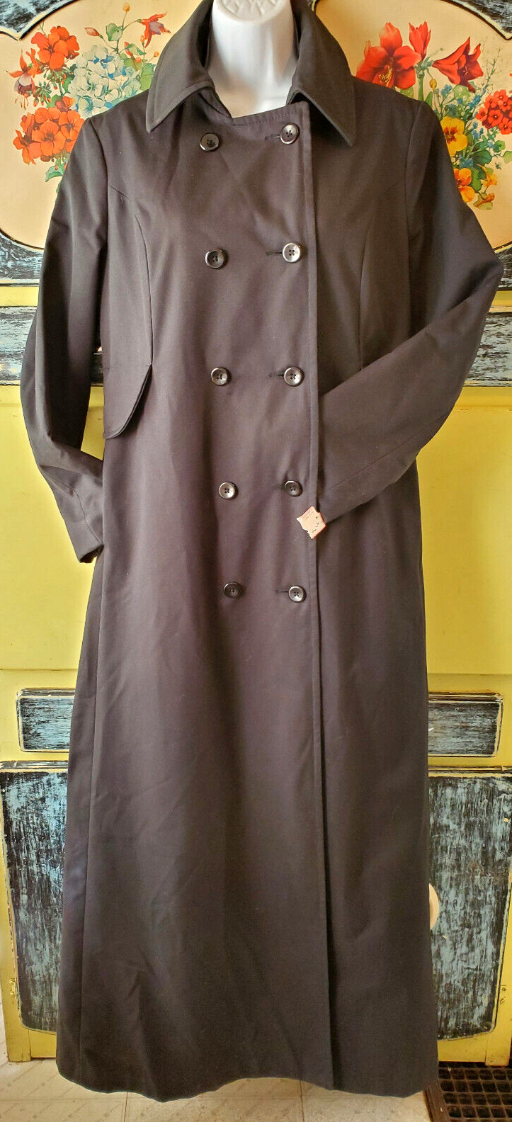 Wow! NOS Vintage 70s Maxi-Length Black Double Breasted Trench Rain Coat Fits 10