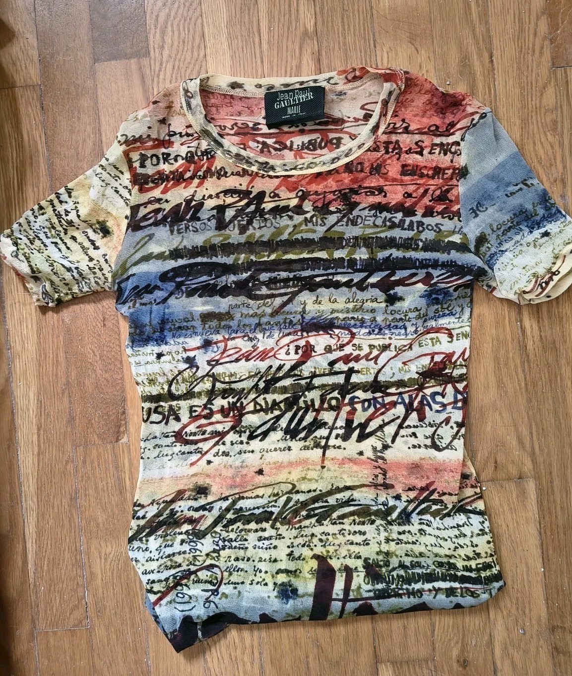 VINTAGE JEAN PAUL GAULTIER MAILLE MESH GRAPHIC SIGNATURE T SHIRT SZ. L