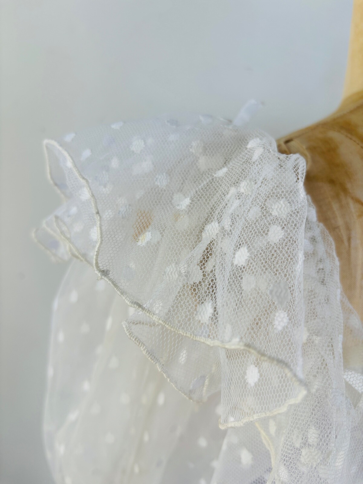 VTG 80s WHITE POLKA DOT TULLE RUFFLE BOW COQUETTE WHITE GOWN PRINCESS DRESS*XS/S
