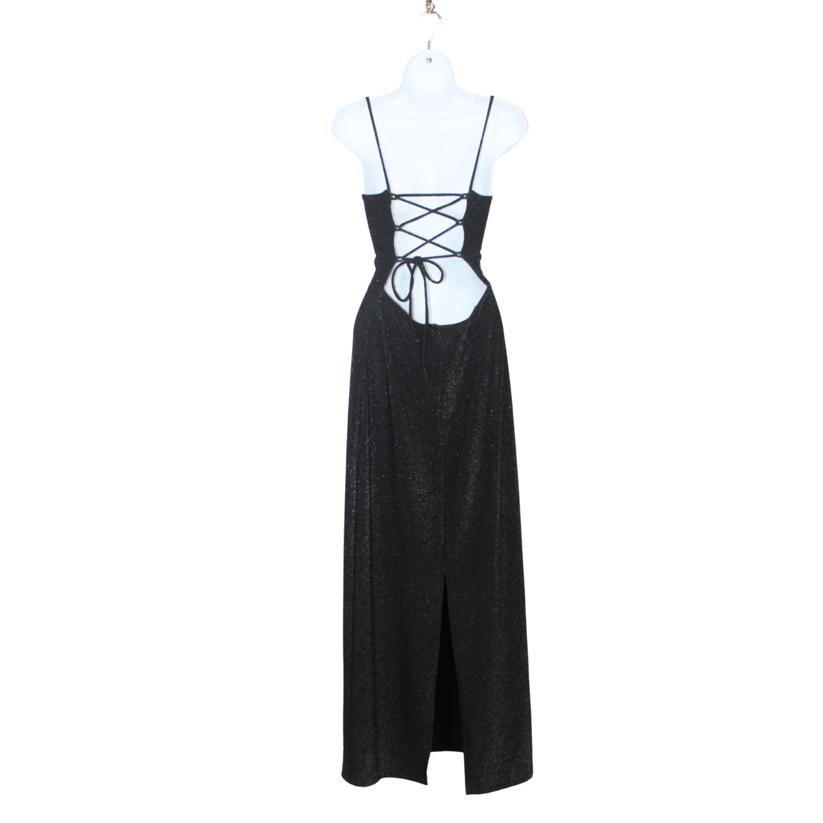 Vintage 90s column dress black metallic long lace up open back leg slit formal