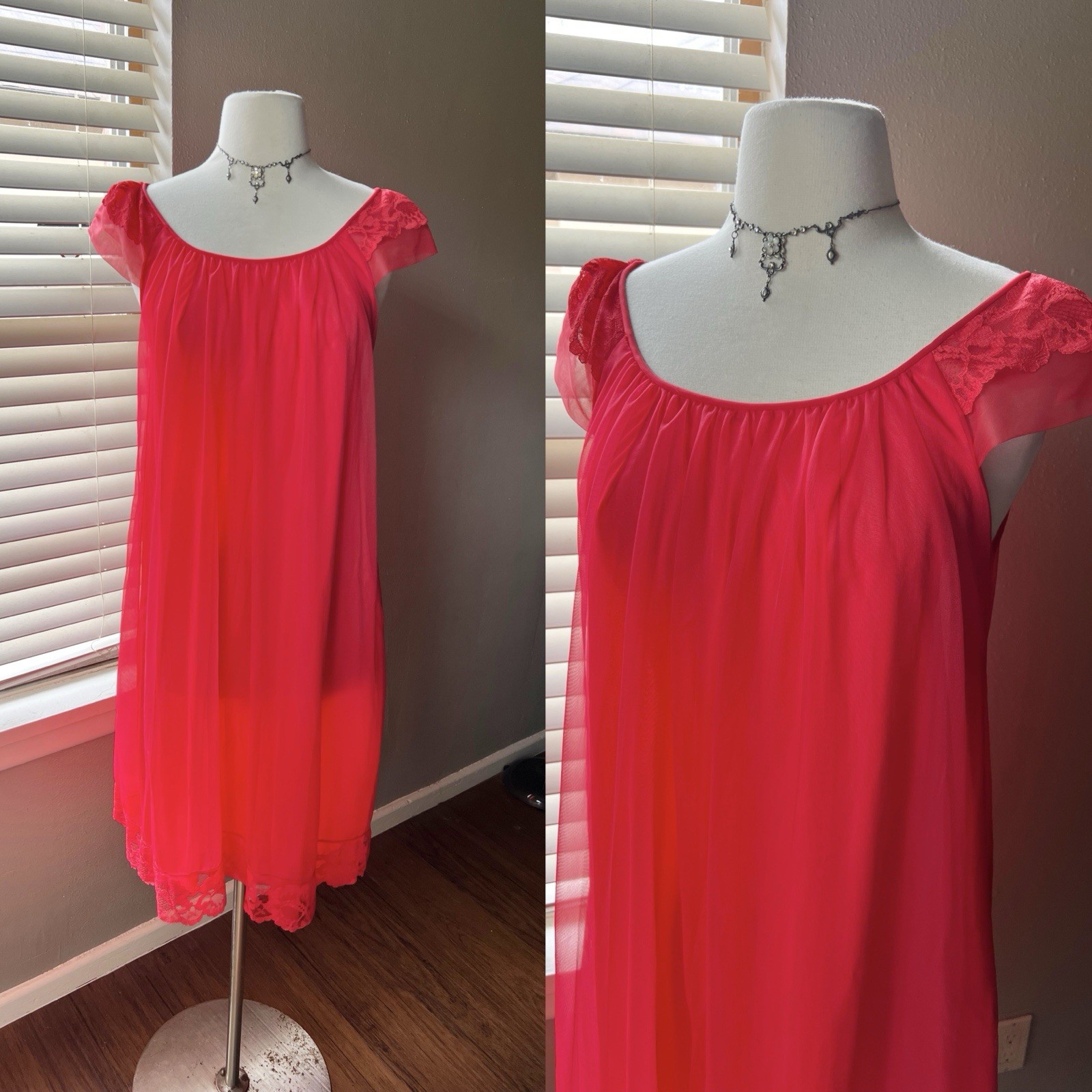 Vintage 60s 70s Chiffon Nightgown Small Red Lace Boat Neck Midlength Lingerie