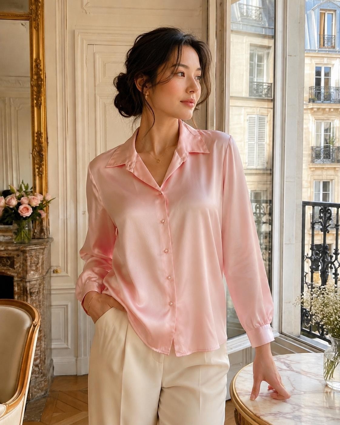 Vintage Baby Pink Satin Blouse Women’s XL | 90s Silky Button Up Shirt | Long Sle