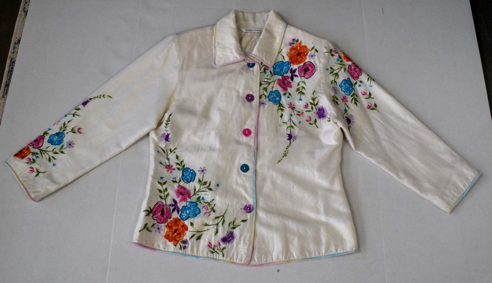 Vintage Silk Blazer Jacket Drapers & Damons Size S 90s Embroidered Floral Pearl
