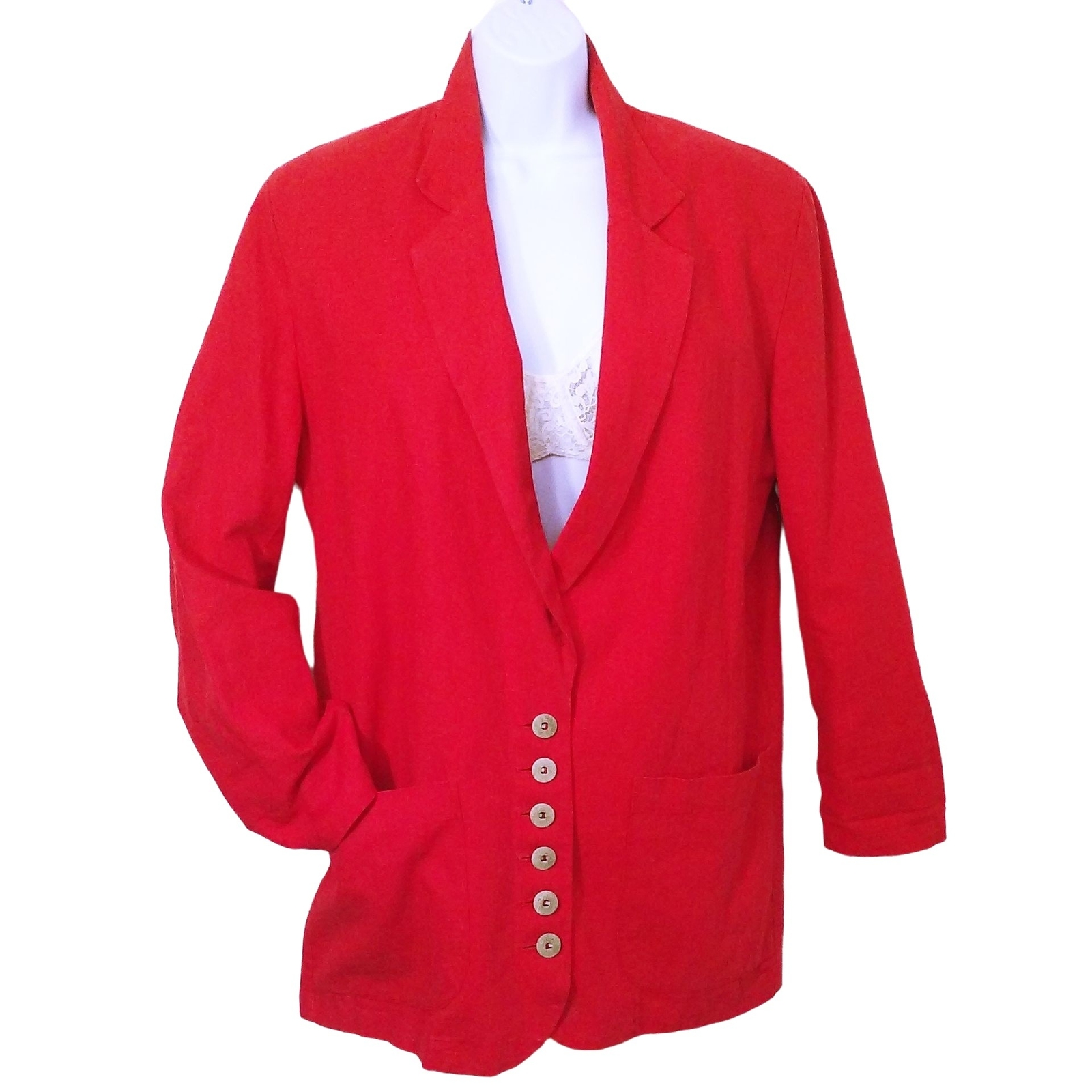 Vintage 80s D.B. Waldo Wear USA Linen Blazer Oversize-S Pockets 6-stone Buttons