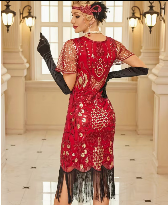 FLAPPER 1920s DRESS-1920s RED Sequin Gatsby Party Dress with Tassels 3 Sizes