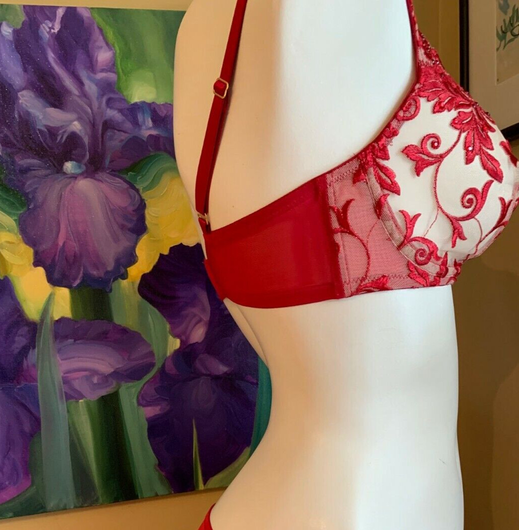 VINTAGE SOMA SPECIAL EDITION RUBY RED / TAN SENSUOUS LACE SHEER WIRELESS BRA 34C