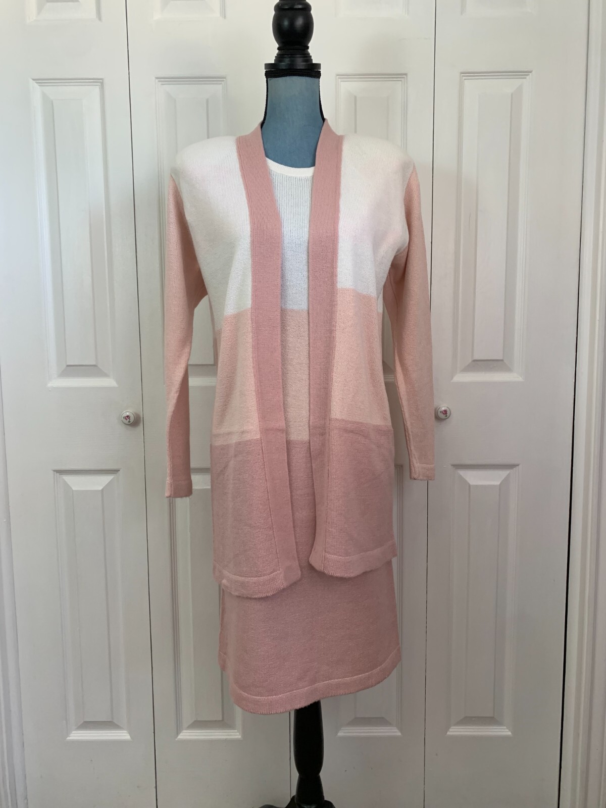 Vintage 1990&rsquo;s Ami Knit Dress Jacket Set Sweater Pink White Knee Length Size 4