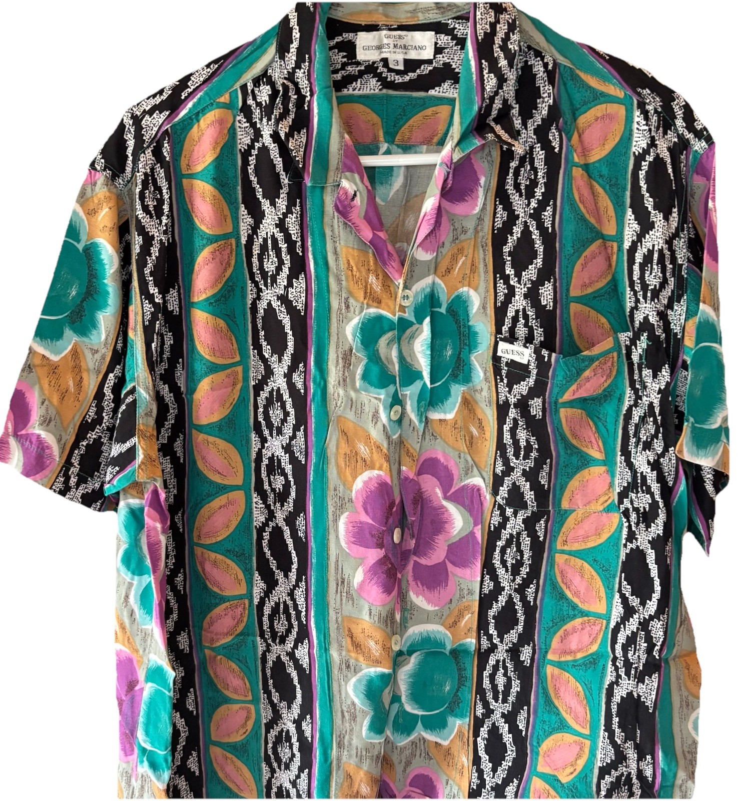 VTG Guess Hawaiian Shirt Size 3 Woman Large Multi Floral Tropical 80s 90s Resort