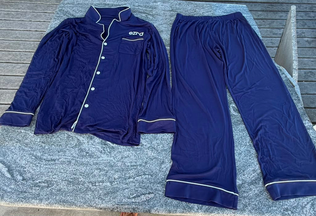 Vintage Navy Cotton Pajamas Set with White Piping, Unbranded, Size Medium