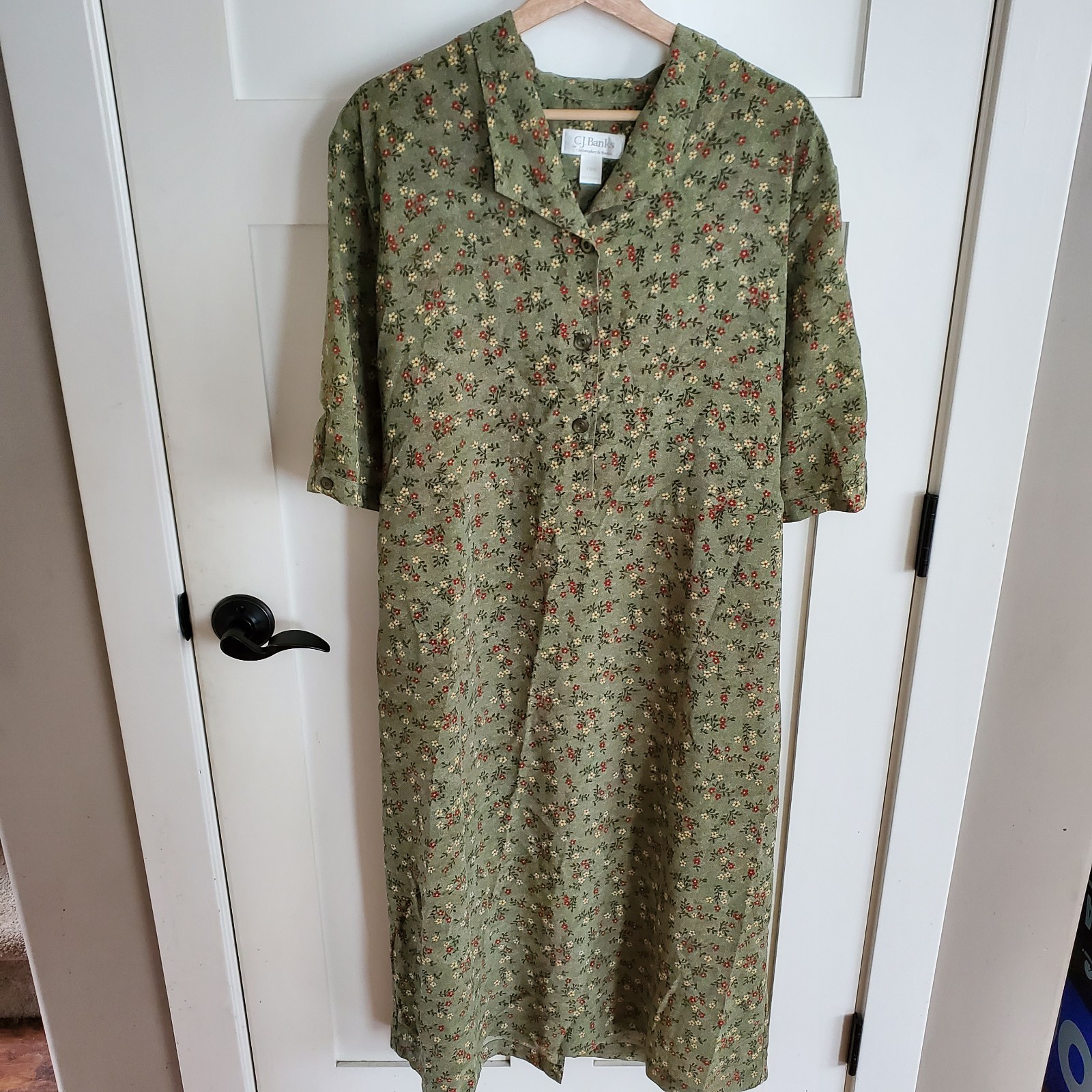 Vintage Ditsy Floral Green Maxi Dress 18W Cottagecore Feminine Short Sleeve Tie