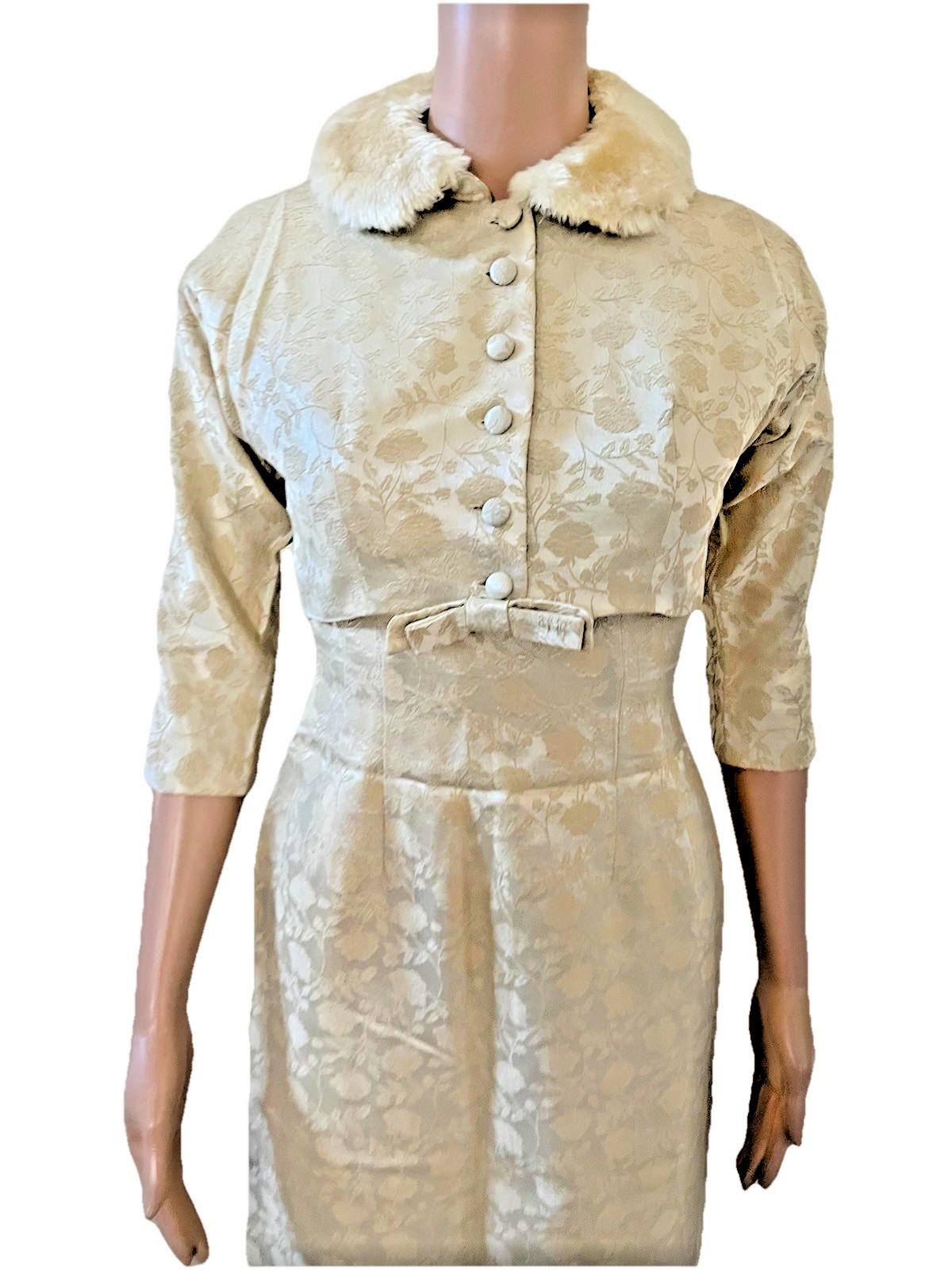 VTG 50s 2 Pc Fur Collar Crop Jacket & Ivory Damask Pencil Dress Suit Set Small**