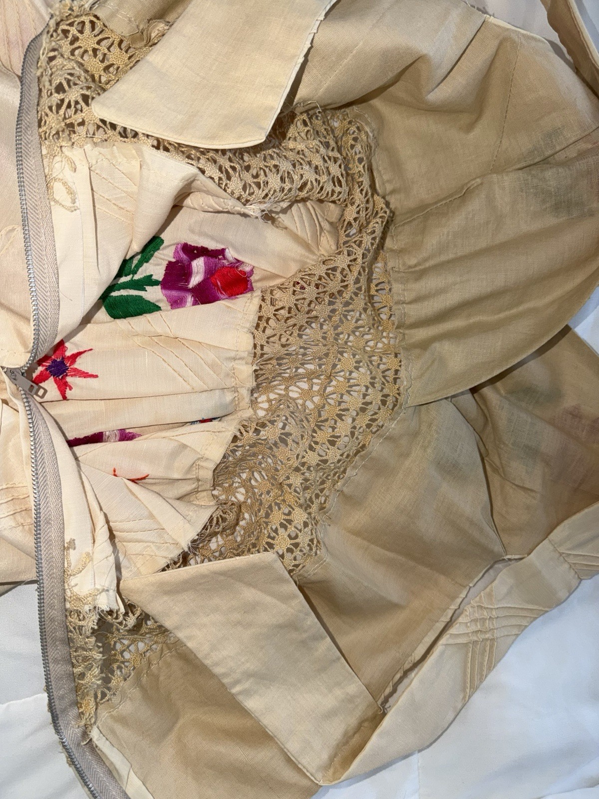 Vintage 1970s Mexican Embroidered Festival Cream Prairie Crochet DRESS