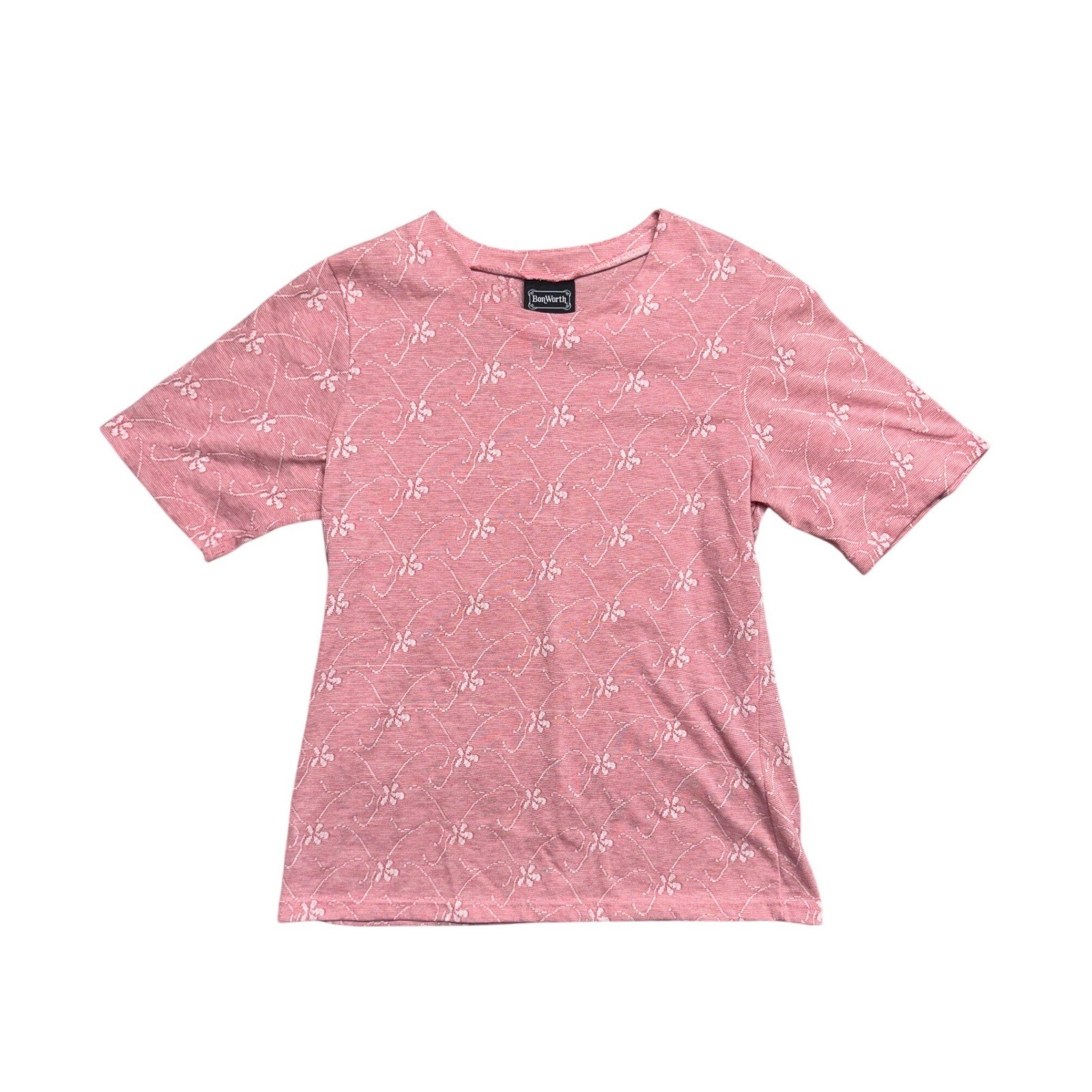 BonWorth Vintage Pink Floral Knit Top Short Sleeve Made in USA Size Small