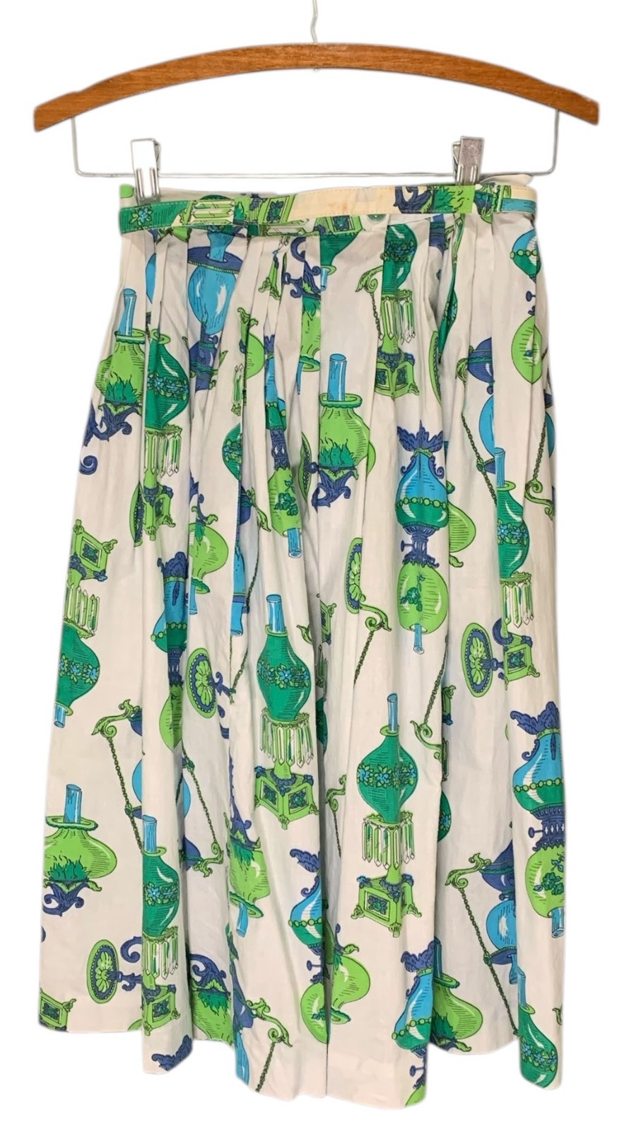 Vintage 60s Women&rsquo;s Blue + Green Novelty Lamp Print Skirt with Belt- Sz XS/S
