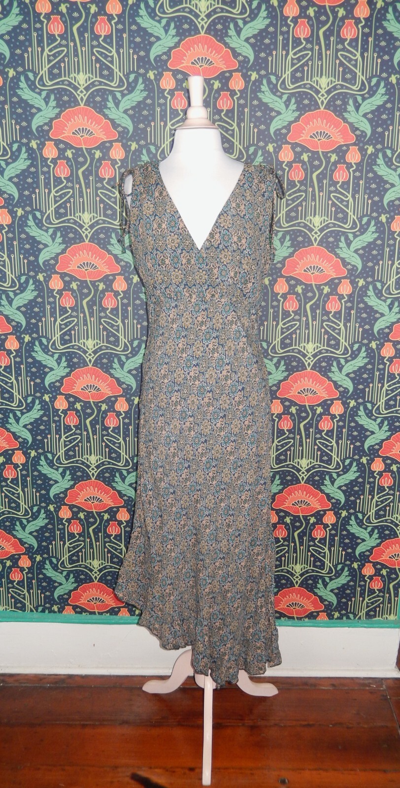 Vintage 90&rsquo;s Y2K Blue Brown Floral Whimsigoth Grunge Asymmetrical Hem Slip Dress
