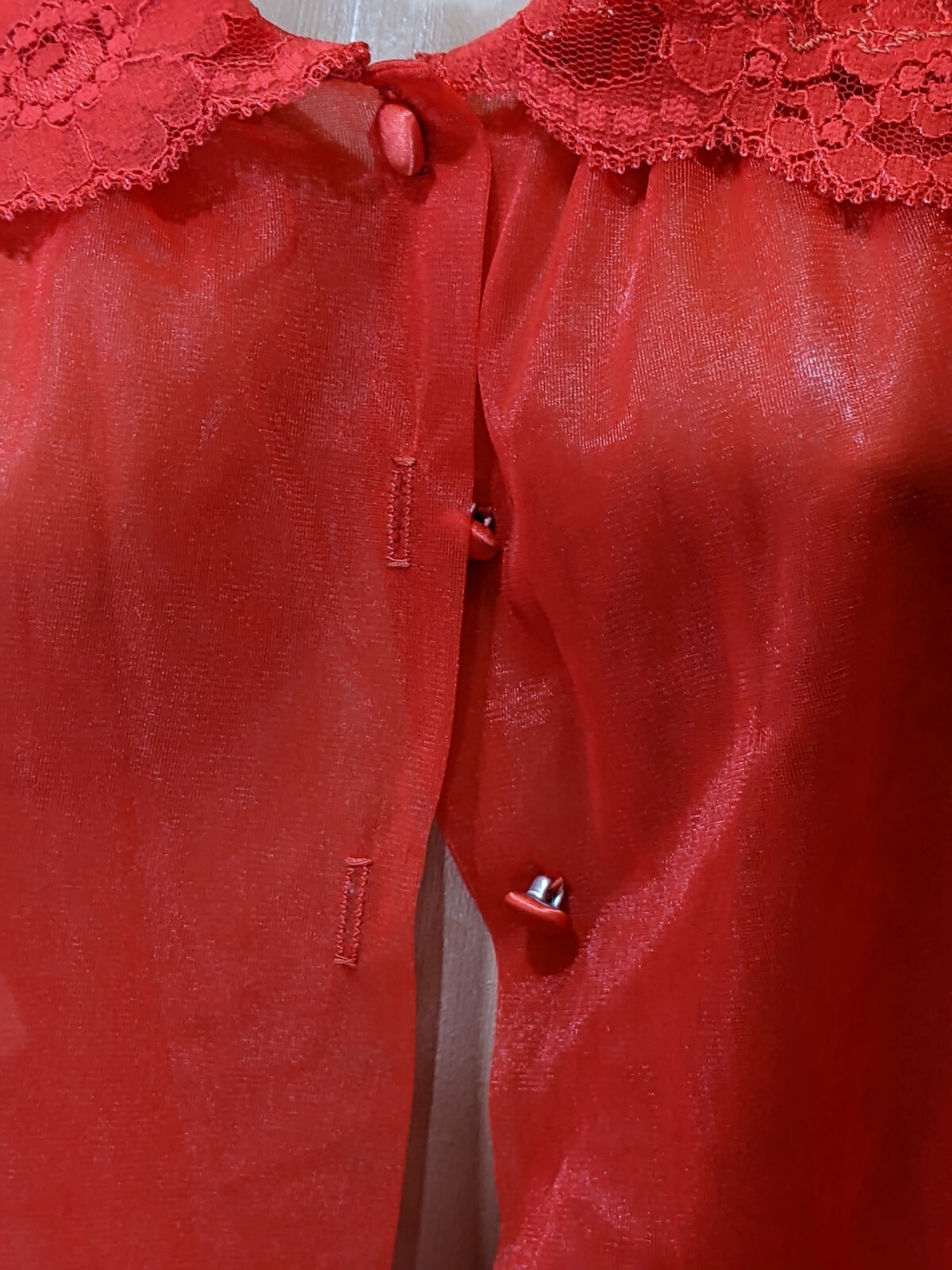 Vintage TEXSHEEN Red DOUBLE CHIFFON Lingerie Dress Satin Buttons Peignoir Robe M