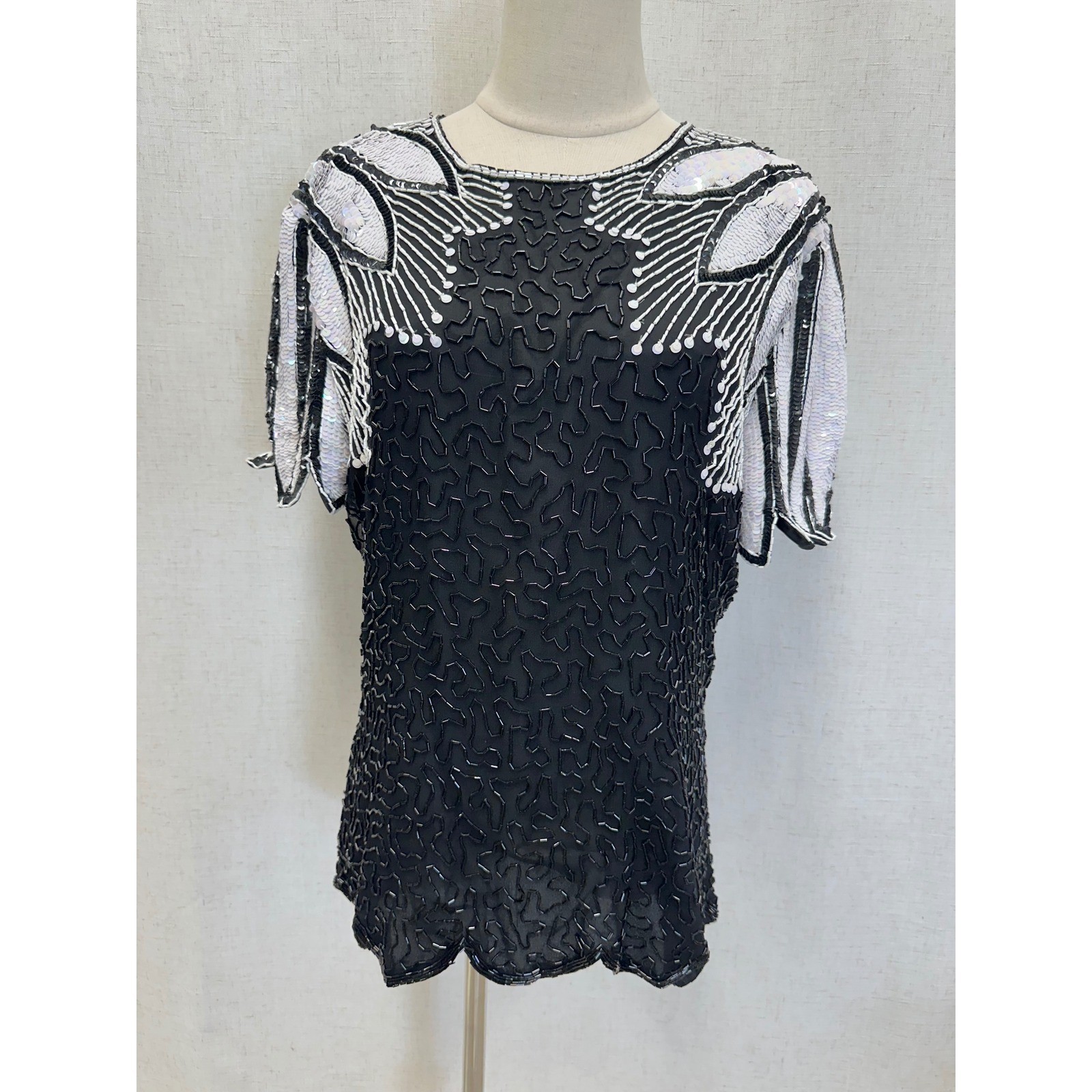 Stenay 100% Silk Beaded Sequin Black White Top Womens 14 Vintage Evening Blouse