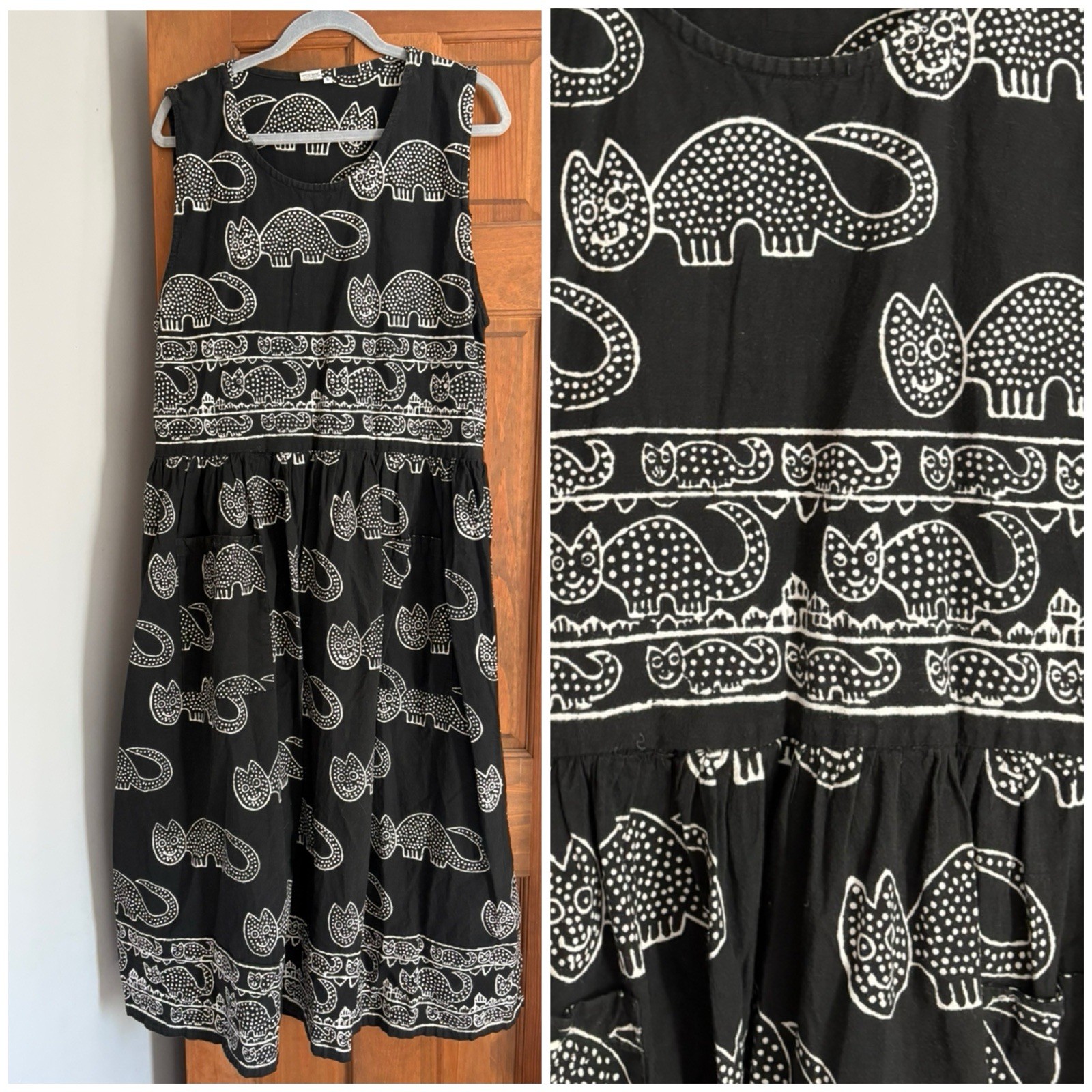 Vintage Large Novelty Cat Lady Print 100% Cotton Pullover Pinafore Sun Dress A16